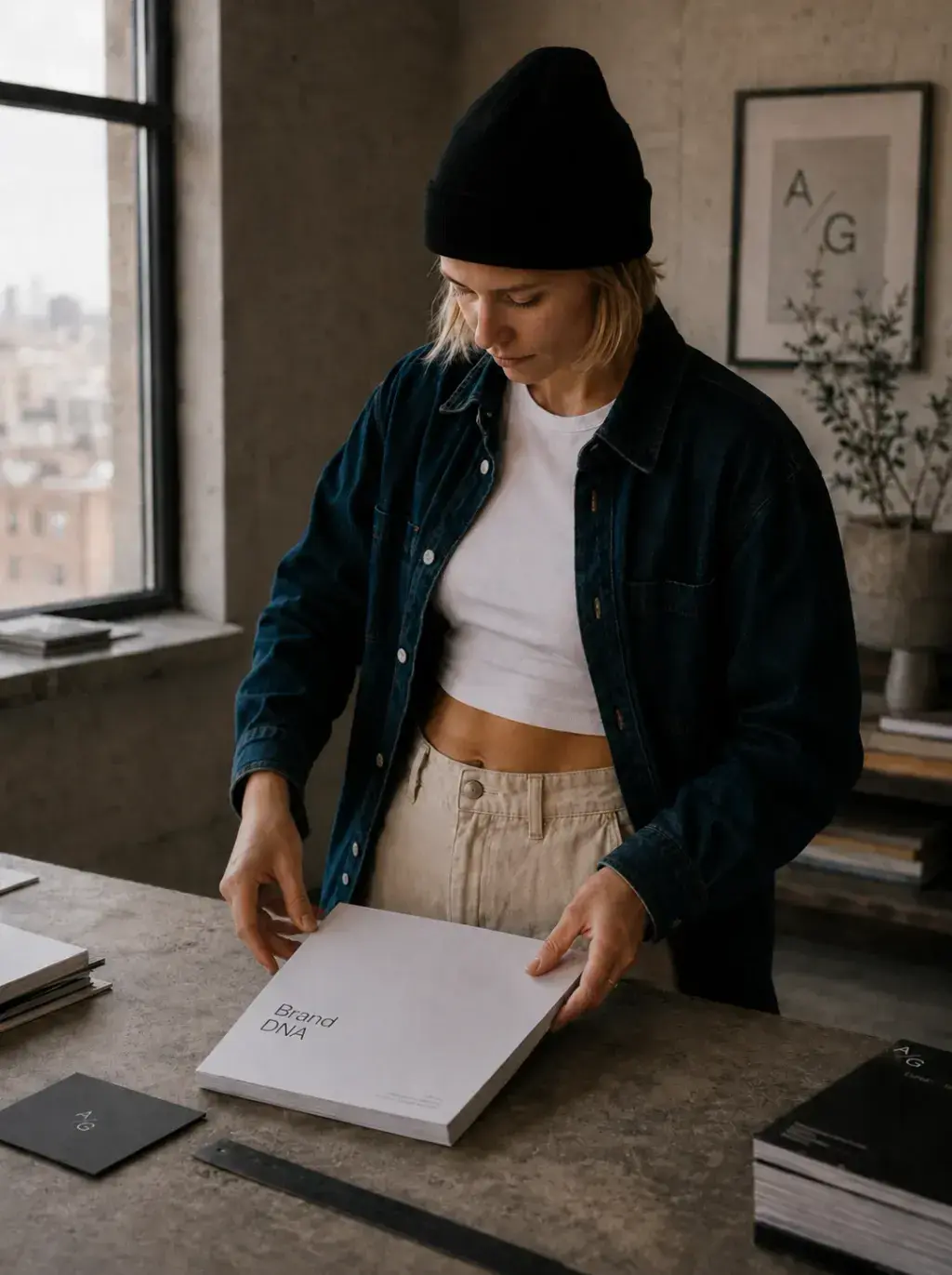 Directrice artistique – livre identité de marque, studio lumineux, fenêtre