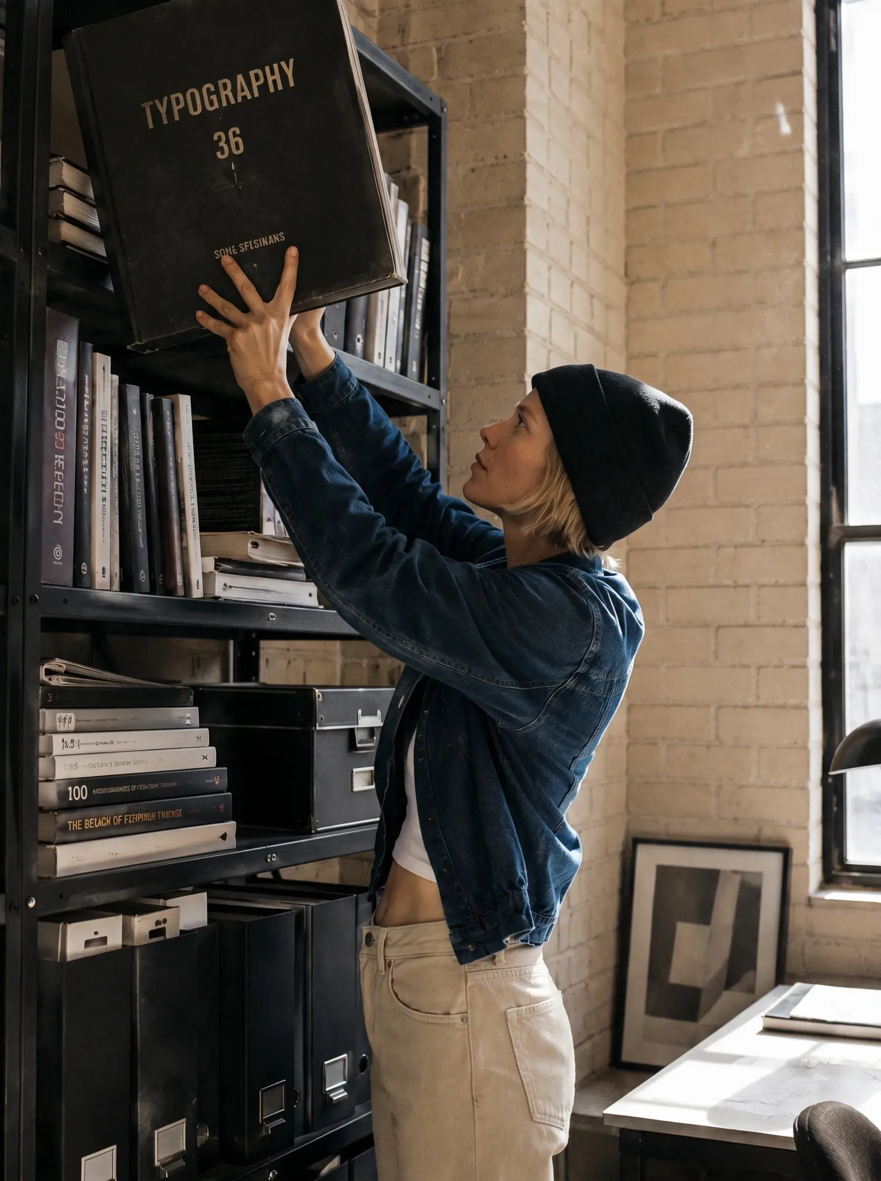 Directrice artistique – livre typographie sur étagère haute, bibliothèque