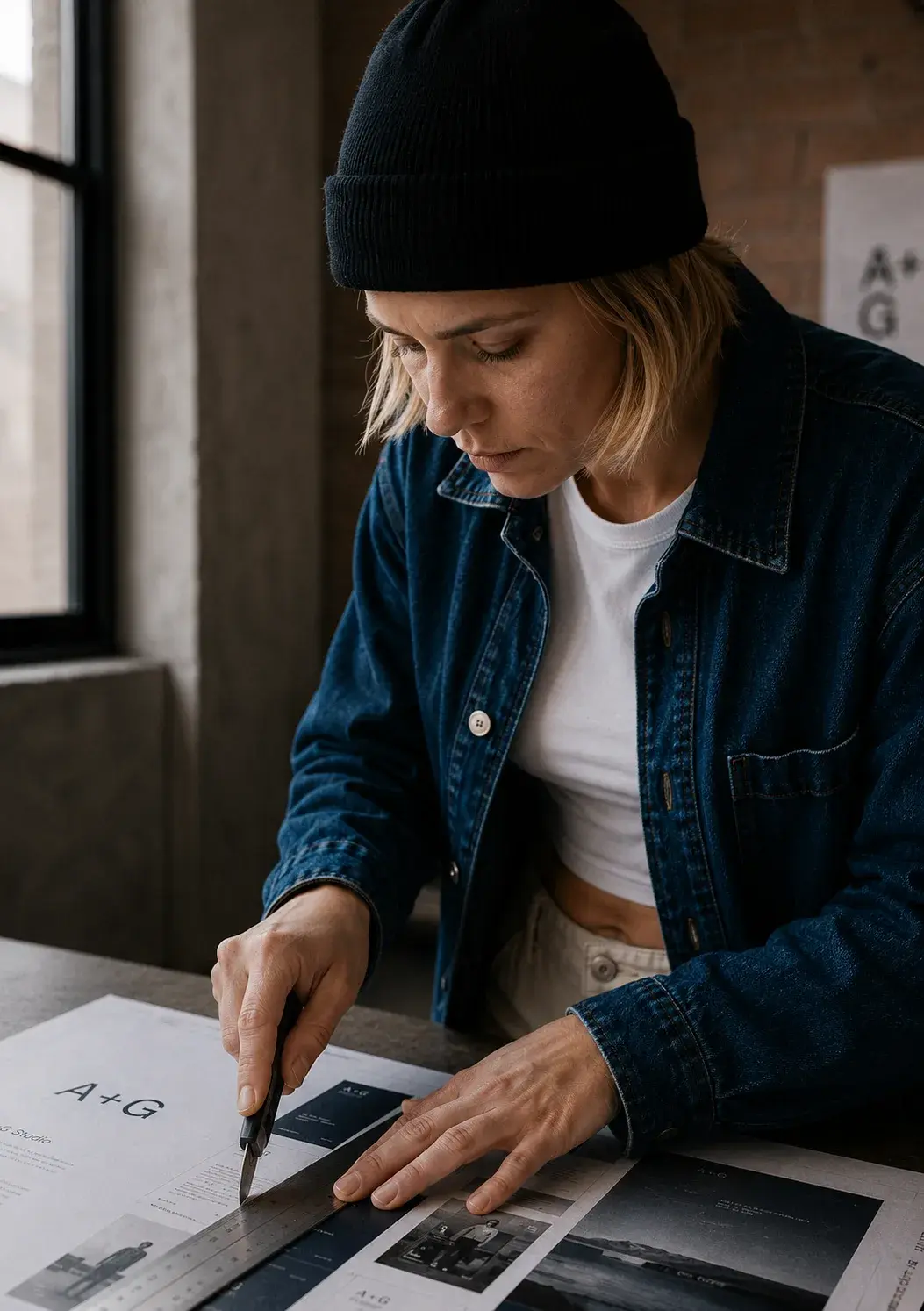 Directrice artistique penchée découpant et annotant des documents A+G avec un cutter et une règle sur table de studio
