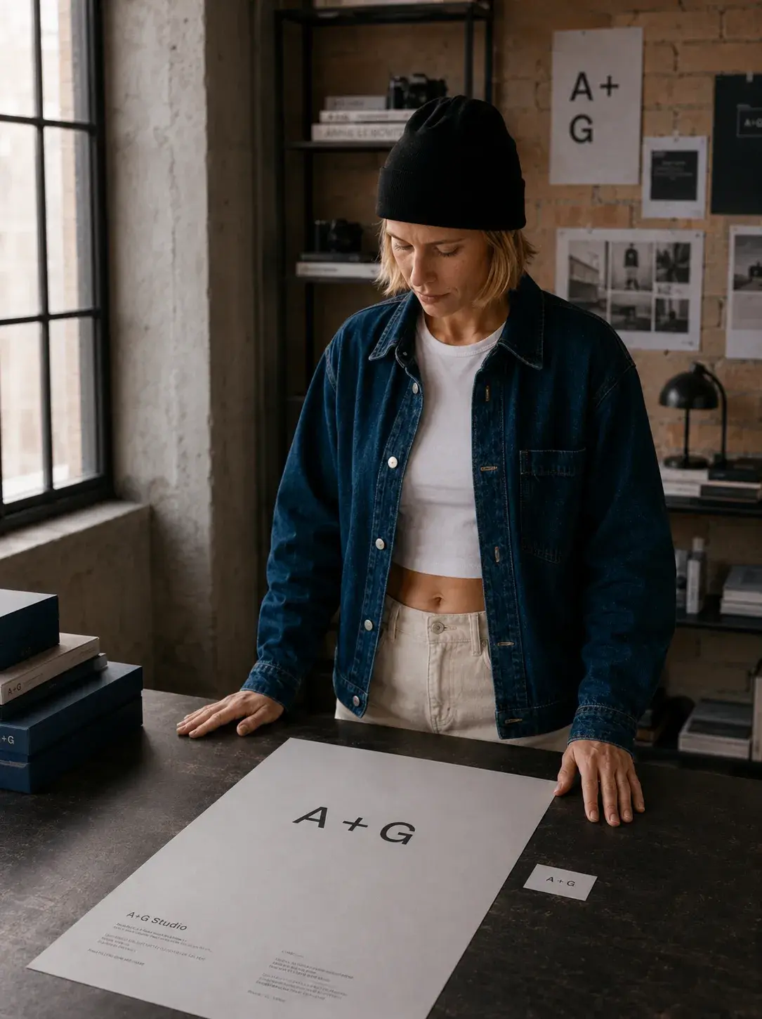 Directrice artistique penchée sur la charte A+G Studio grand format étalée sur table béton avec boîtes navy et tableau de liège