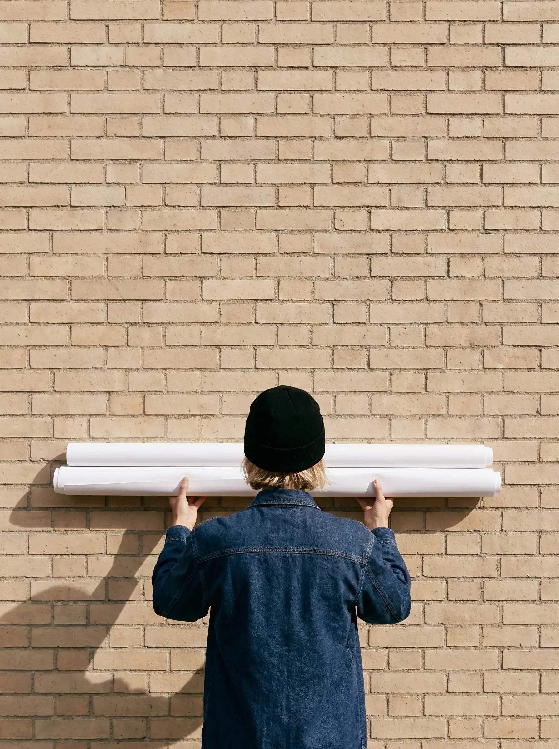 Directrice artistique – rouleaux de papier, bras levés, mur brique