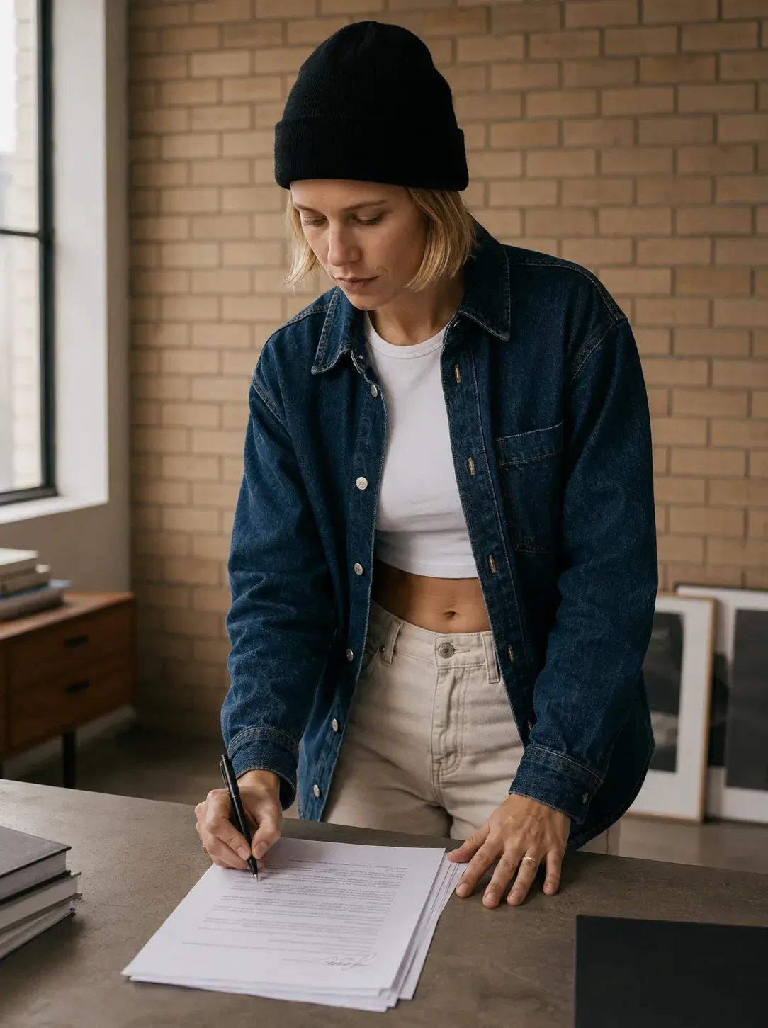 Directrice artistique signant un document – portrait, studio brique