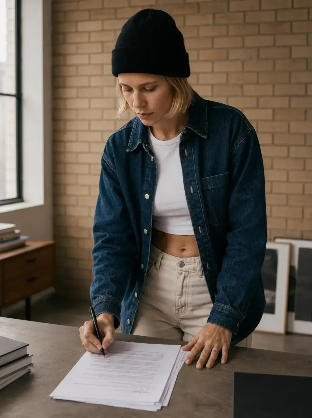 Directrice artistique signant un document – portrait, studio brique