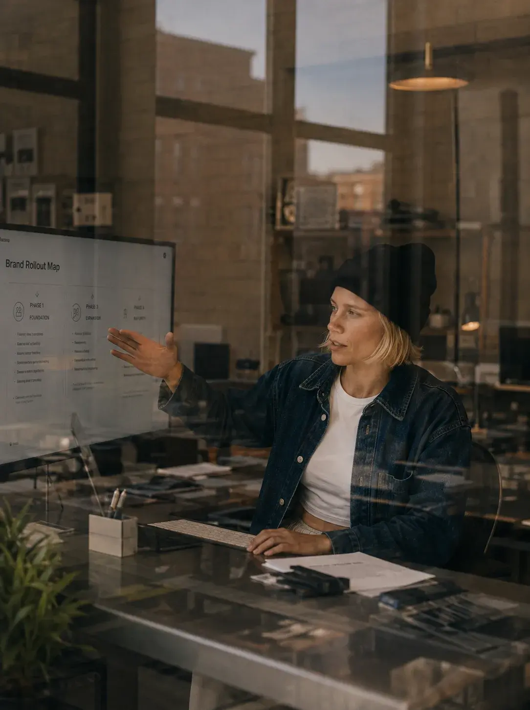 Directrice artistique souriante – bibliothèque graphique, ordinateur, studio