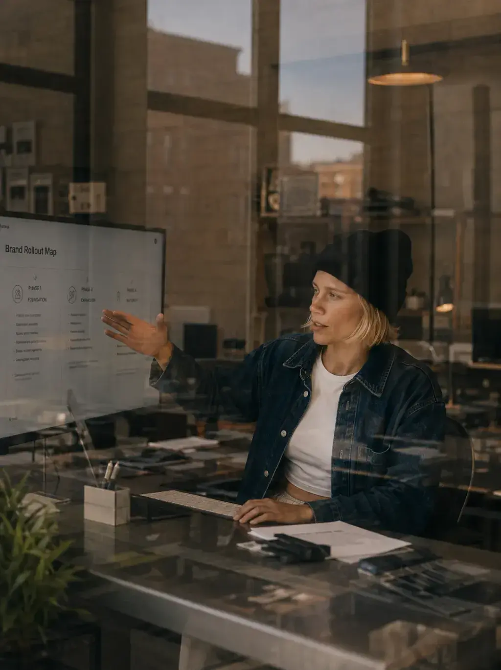 Directrice artistique souriante – bibliothèque graphique, ordinateur, studio