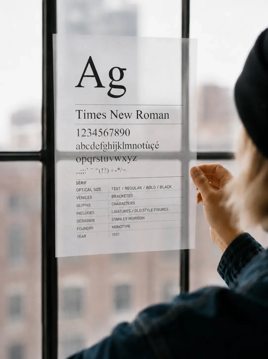 Directrice artistique – spécimen typographique, fenêtre, vue urbaine