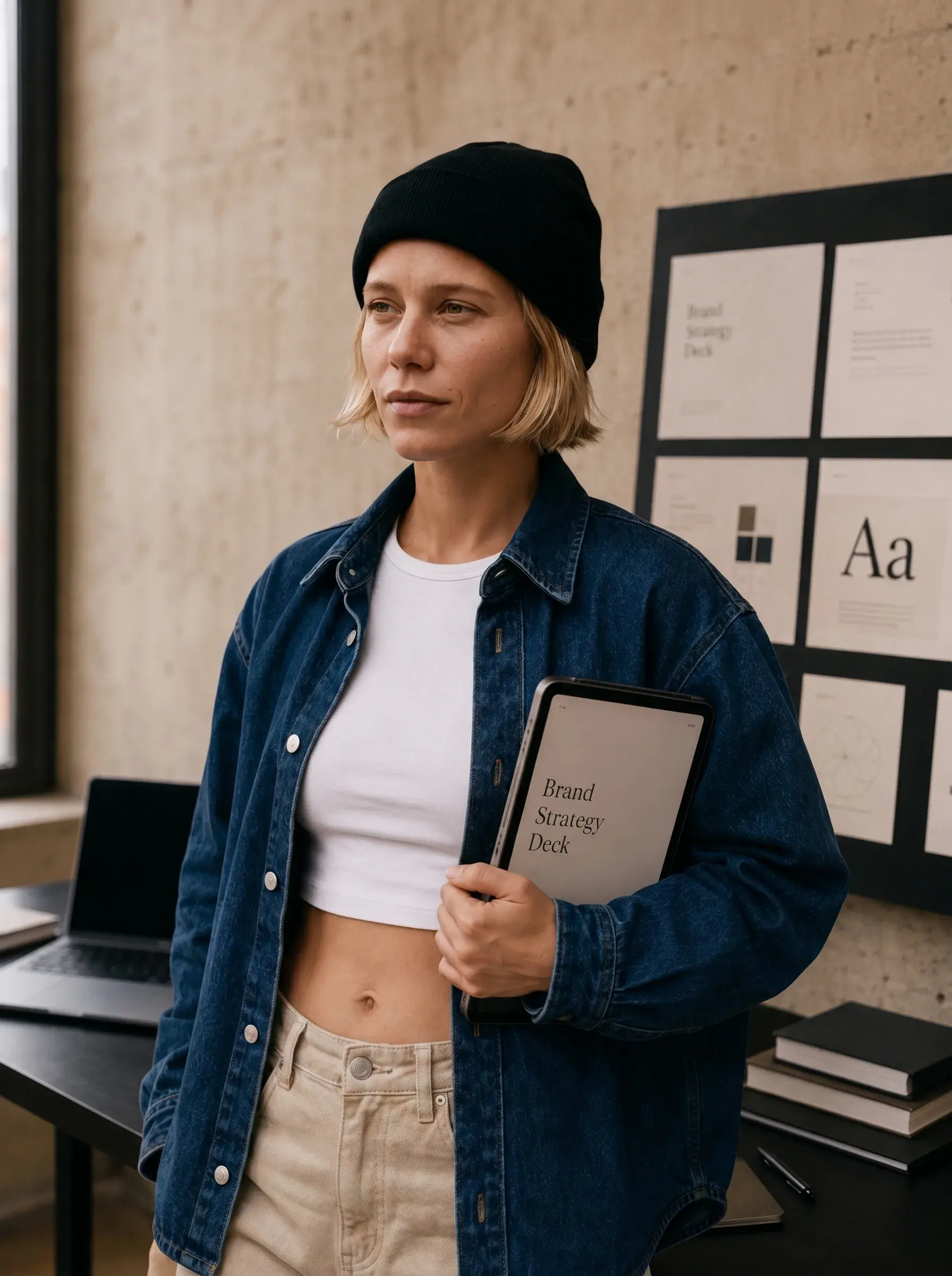 Directrice artistique tenant un dossier « Brand Strategy Deck » dans son studio avec panneau de présentation en fond