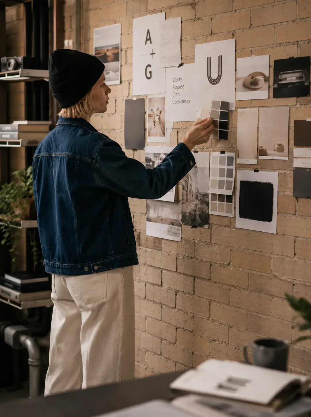 Directrice créative ajustant swatches de couleur et visuels sur le mur de liège de son studio avec moodboard A+G