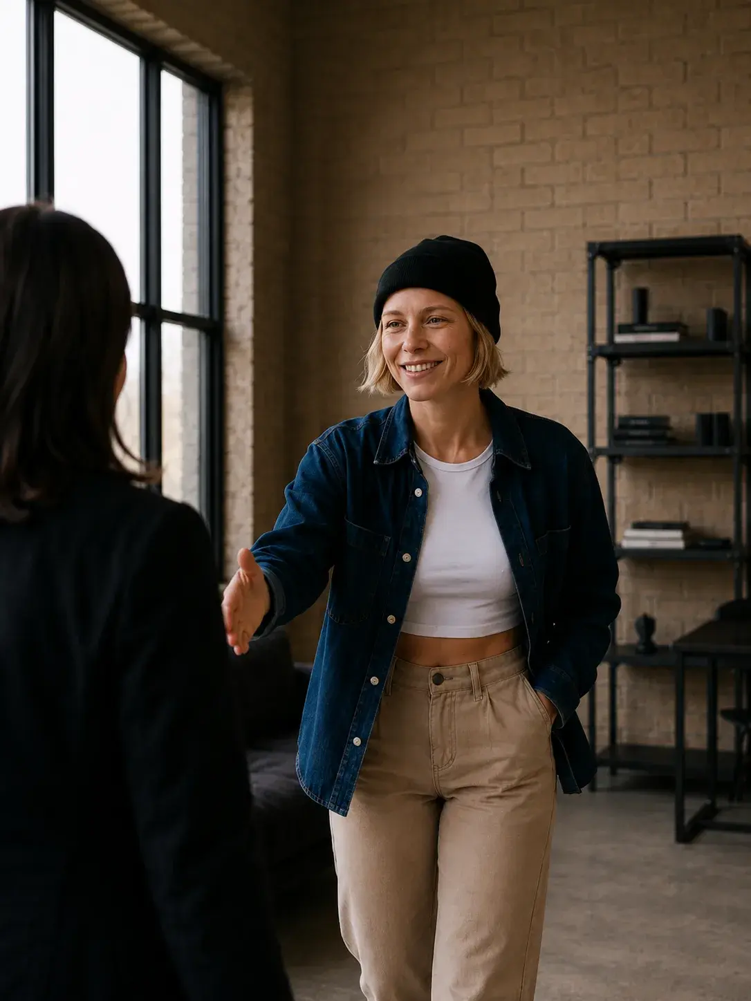 Directrice créative blonde en bonnet noir souriant et serrant chaleureusement la main d'un client dans son studio