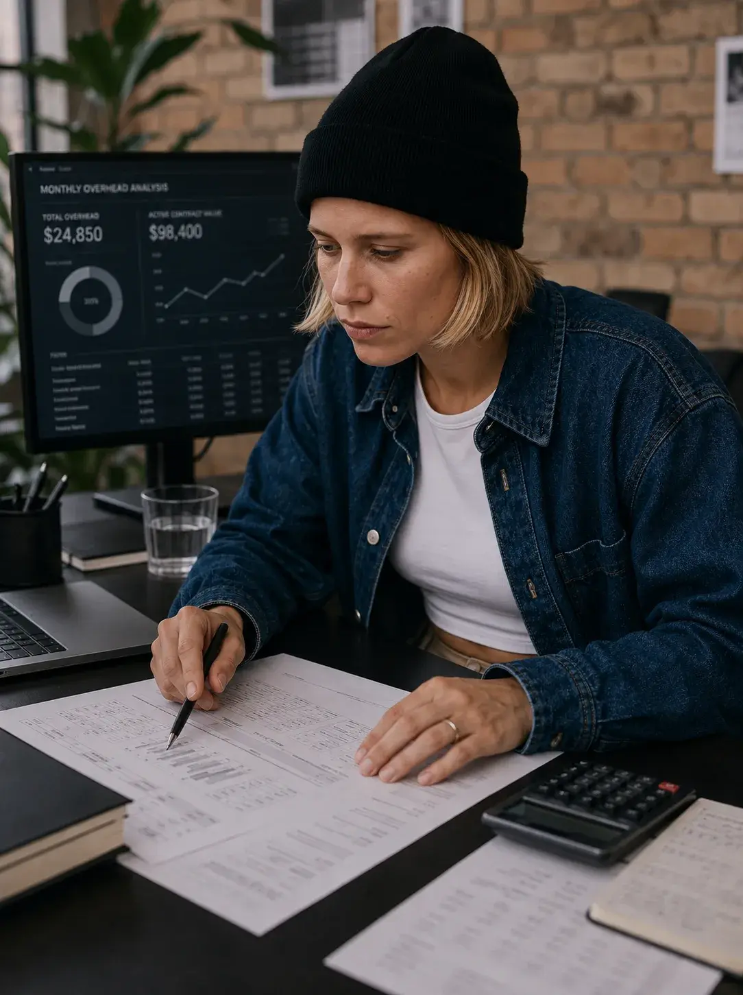 Directrice de studio annotant des documents financiers avec à l'écran un rapport Monthly Overhead Analysis à $24 850