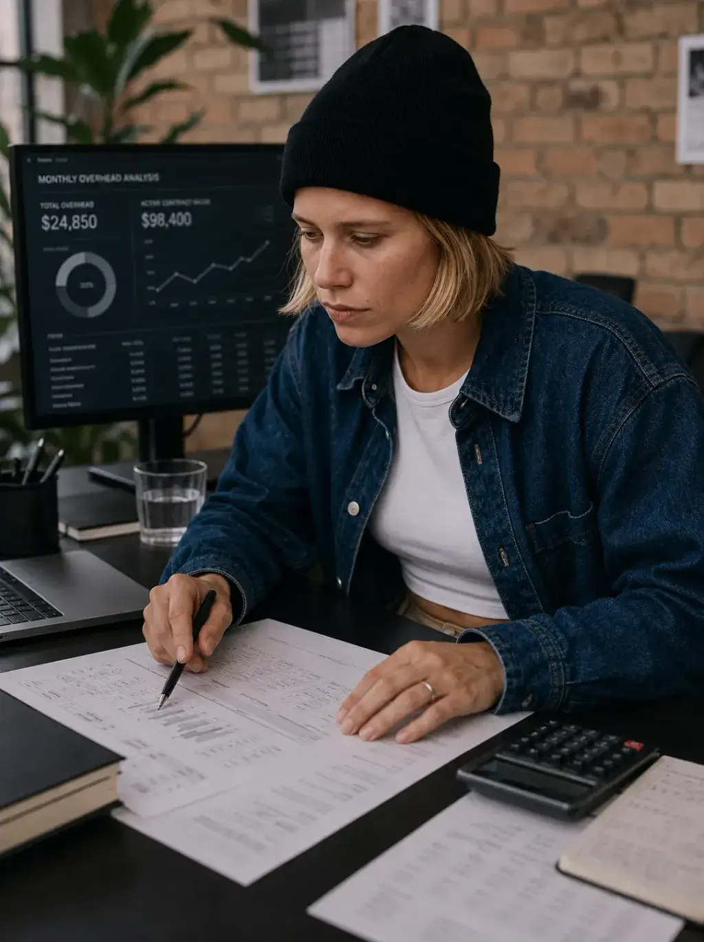 Directrice de studio annotant des documents financiers avec à l'écran un rapport Monthly Overhead Analysis à $24 850