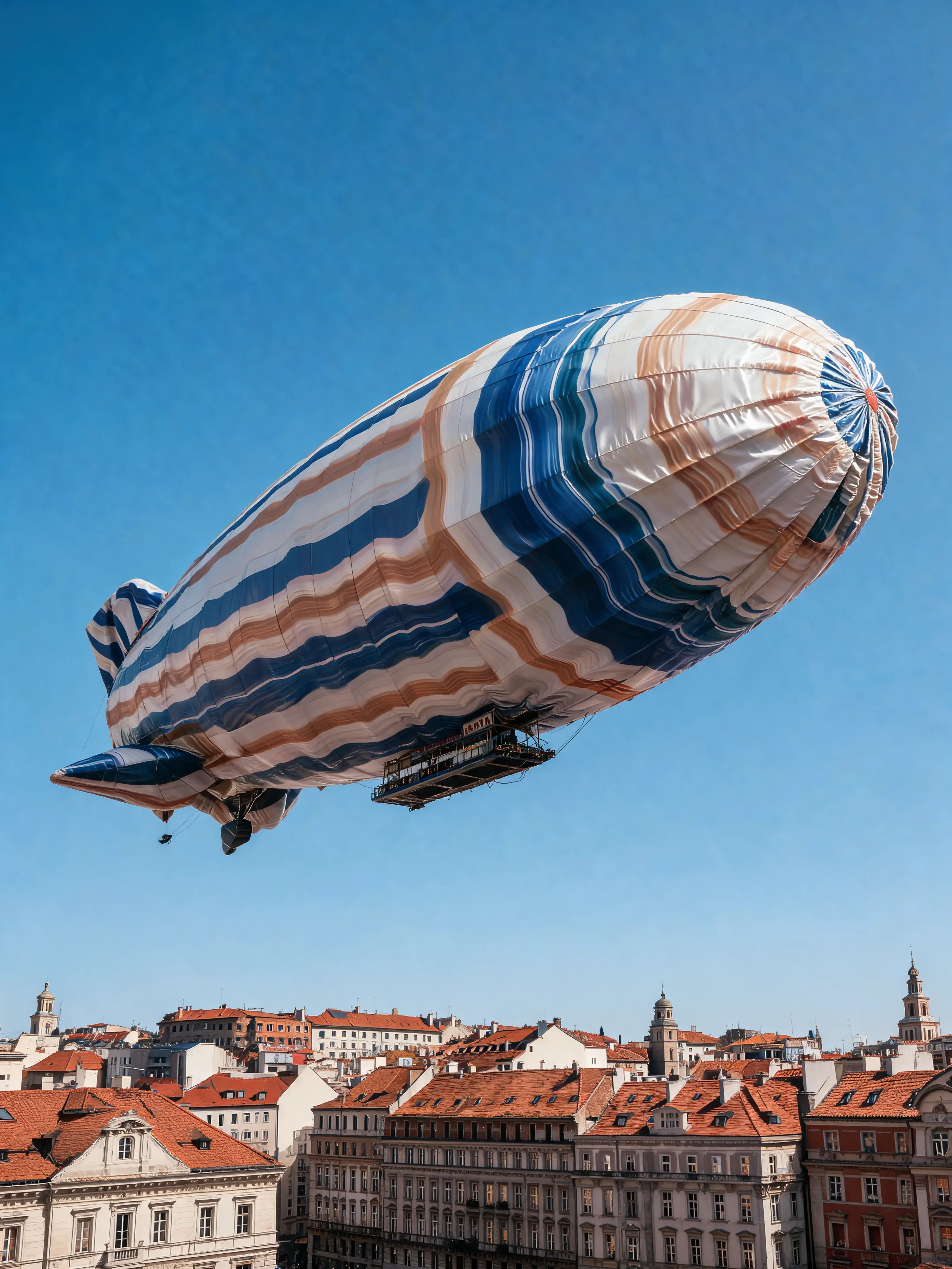 Dirigeable zeppelin recouvert de matière marbré rayée – ciel bleu, toits de ville européenne
