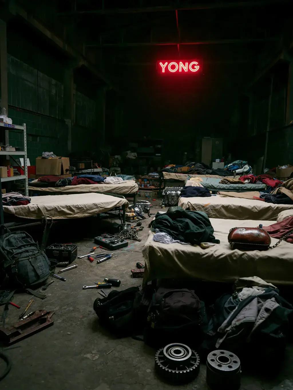 Dortoir clandestin dans un entrepôt industriel avec lits de camp et néon YONG rouge au plafond