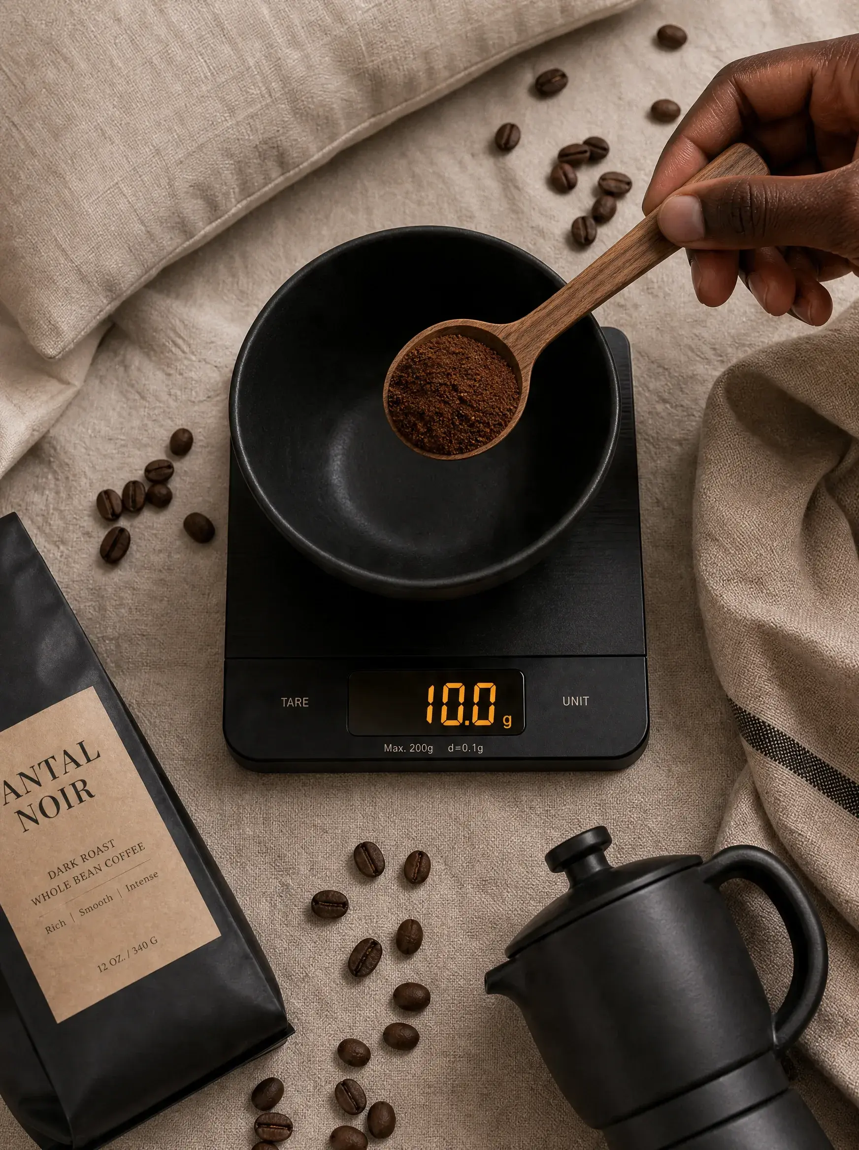 Dosage café moulu sur balance numérique – cuillère bois, sachet artisanal noir, cafetière, fond lin sombre