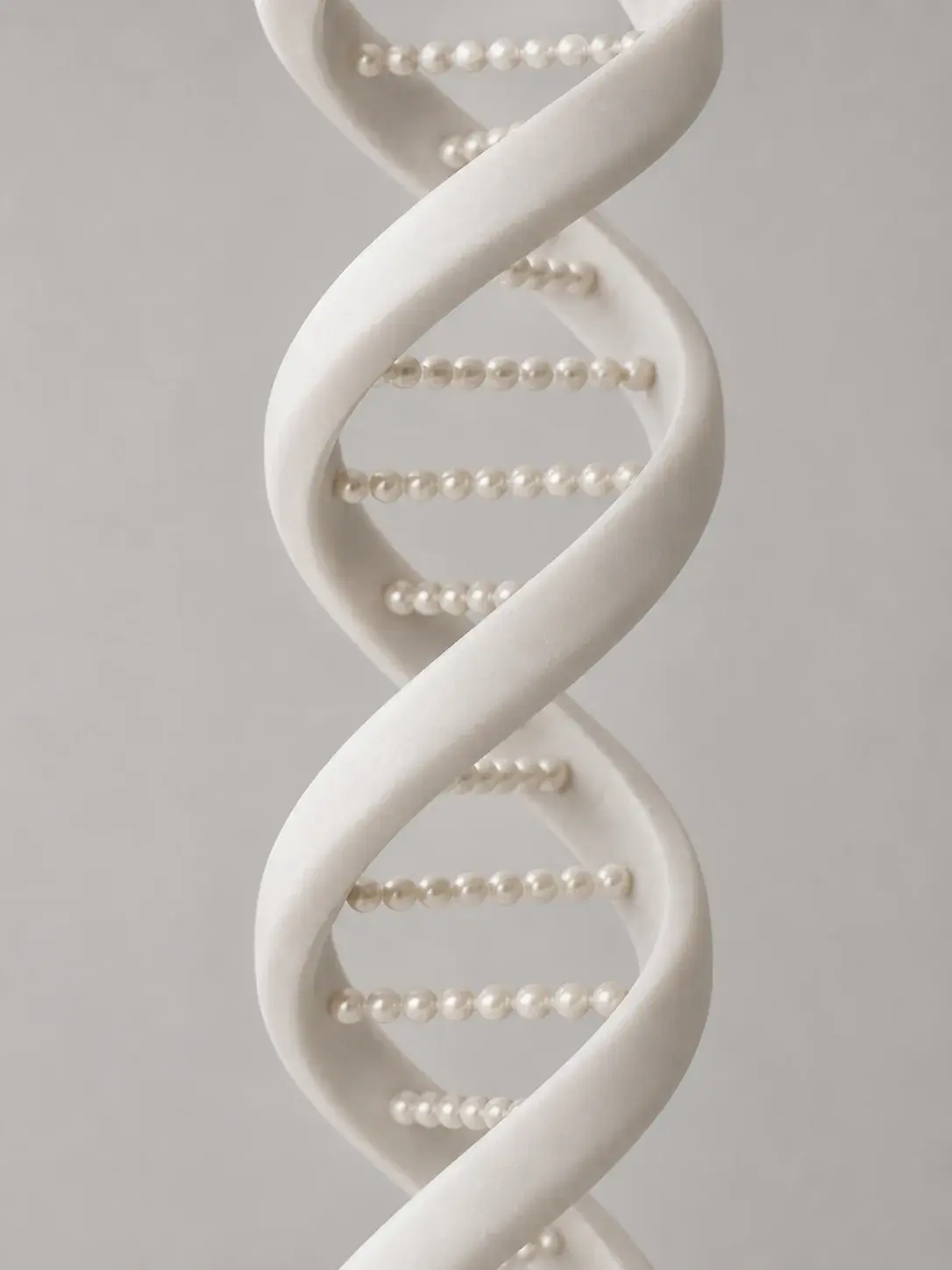 Double hélice d'ADN sculptée en résine blanche avec perles de culture aux barreaux, modèle biologique nacré