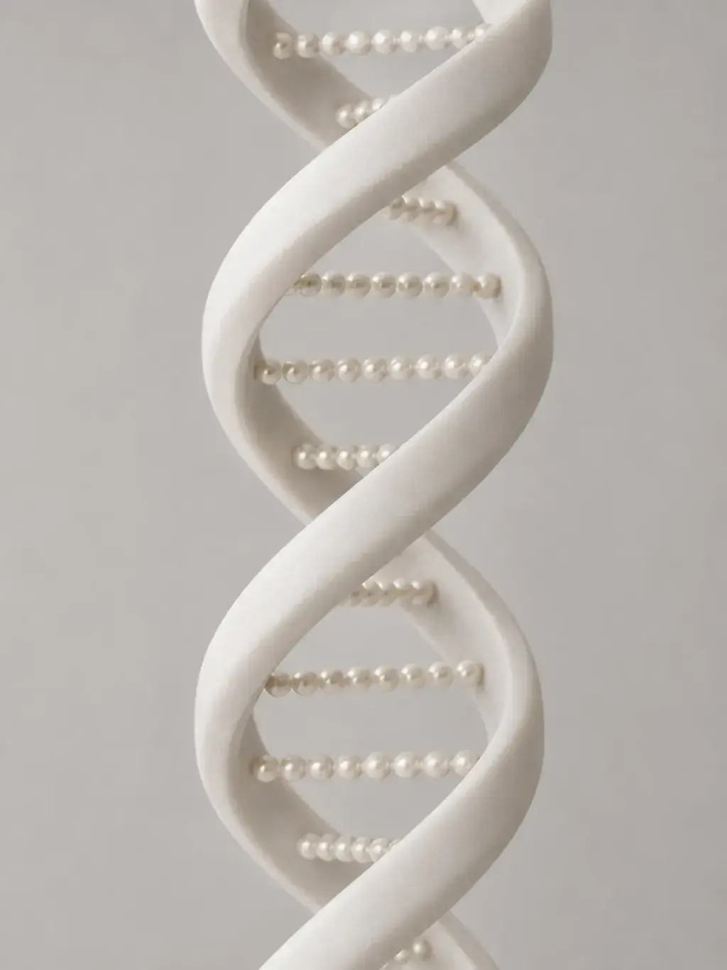Double hélice d'ADN sculptée en résine blanche avec perles de culture aux barreaux, modèle biologique nacré