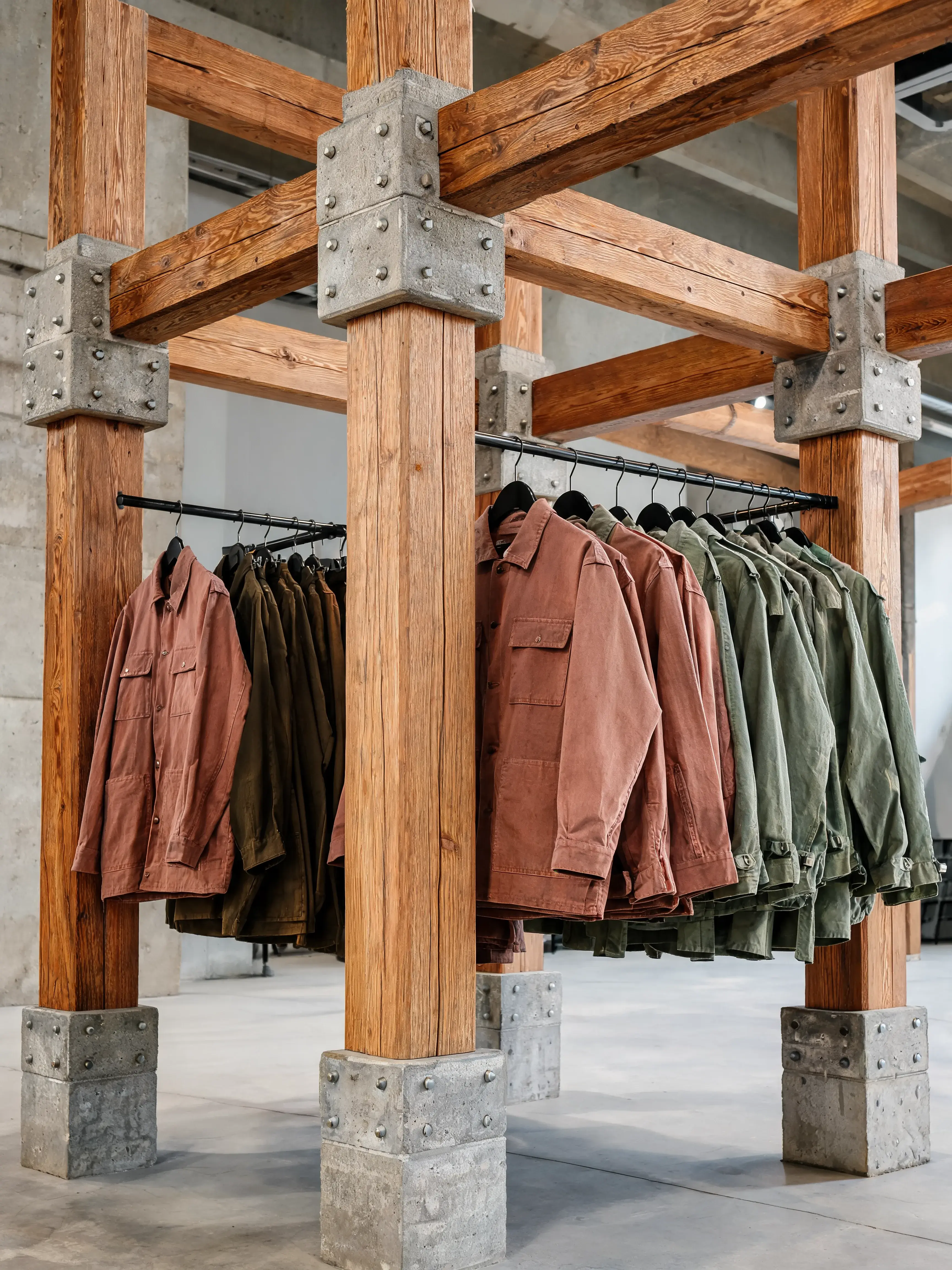 Double rangement bois massif métal boulonné – vestes terracotta et vert, showroom industriel