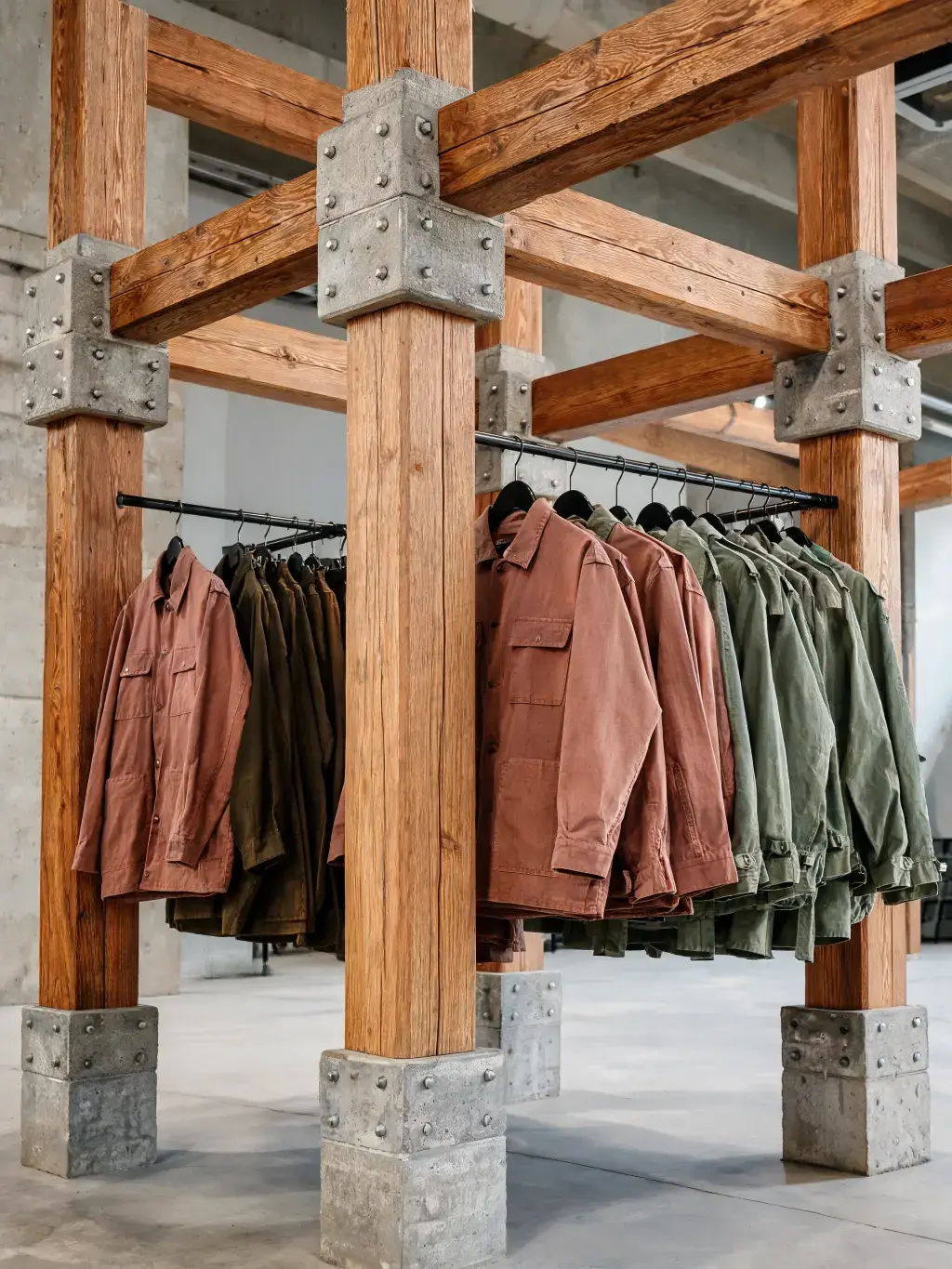Double rangement bois massif métal boulonné – vestes terracotta et vert, showroom industriel