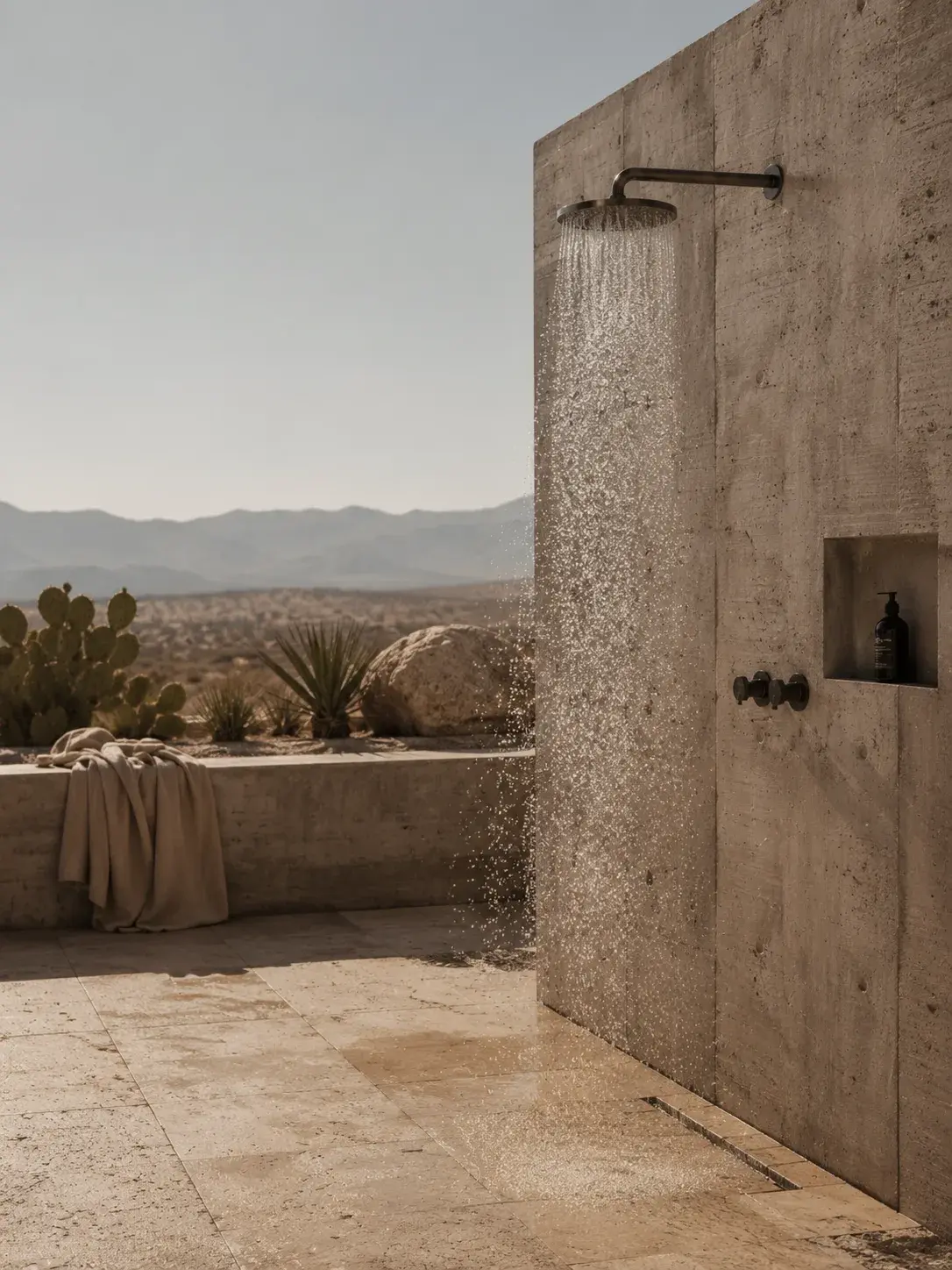 Douche extérieure sur terrasse désertique – robinet noir, eau coulante, serviette beige, montagnes
