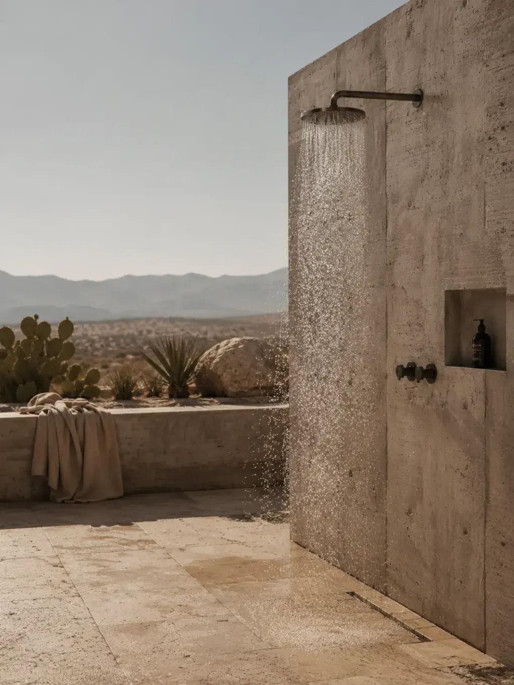 Douche extérieure sur terrasse désertique – robinet noir, eau coulante, serviette beige, montagnes