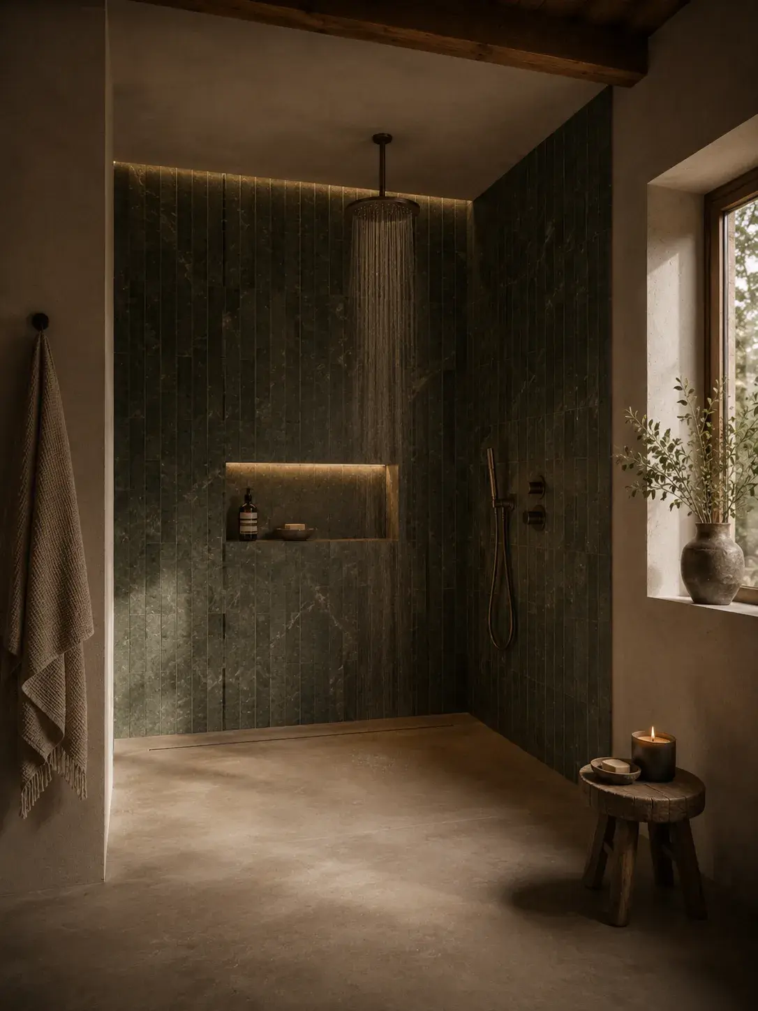 Douche italienne en marbre vert sombre avec robinetterie noire mate, tabouret bois, bougie et fenêtre
