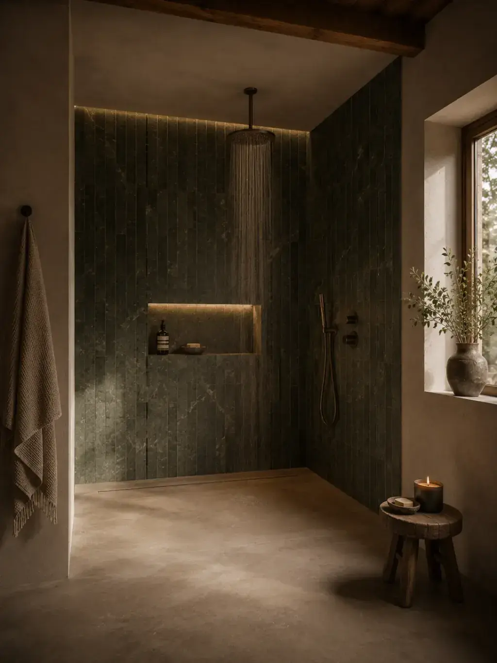 Douche italienne en marbre vert sombre avec robinetterie noire mate, tabouret bois, bougie et fenêtre