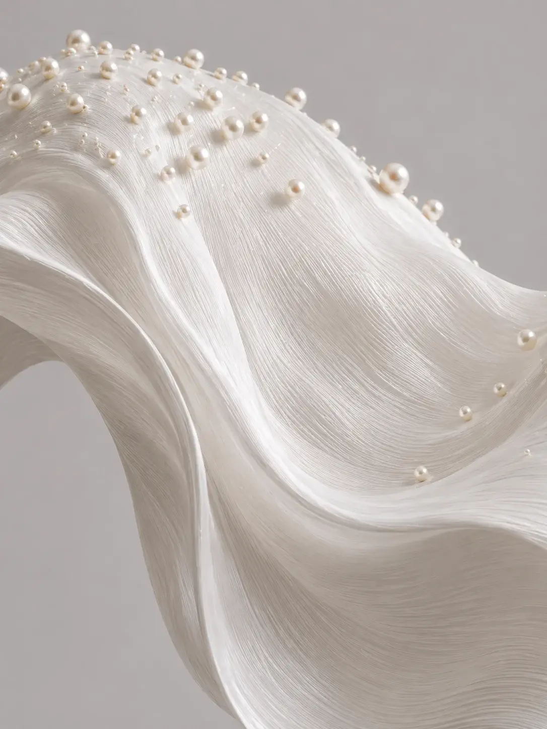 Drapé sculptural ondulant blanc avec perles parsemées sur la surface striée