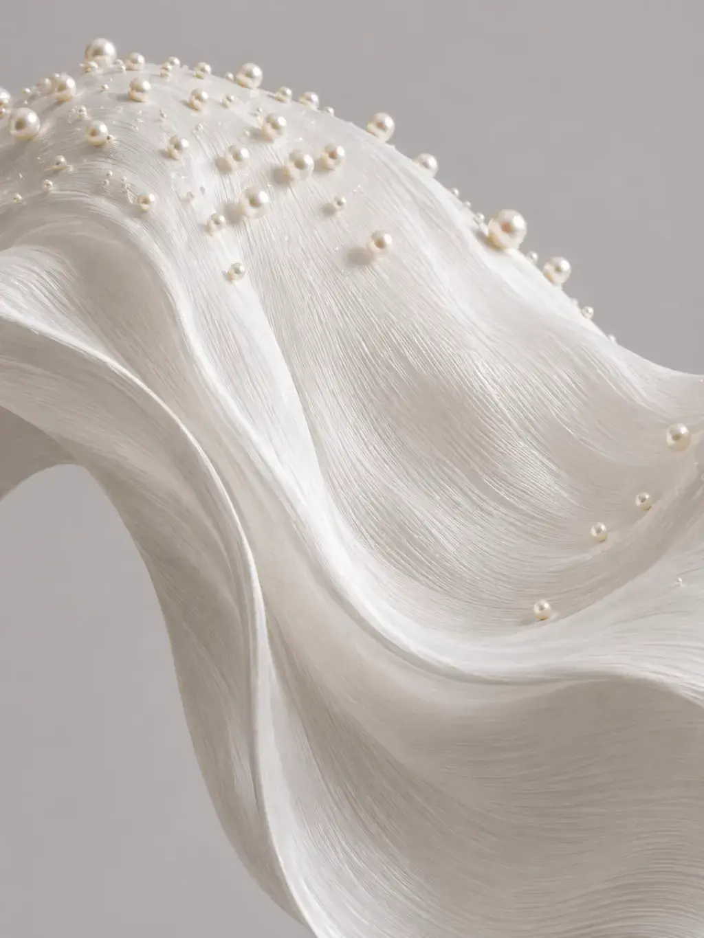 Drapé sculptural ondulant blanc avec perles parsemées sur la surface striée