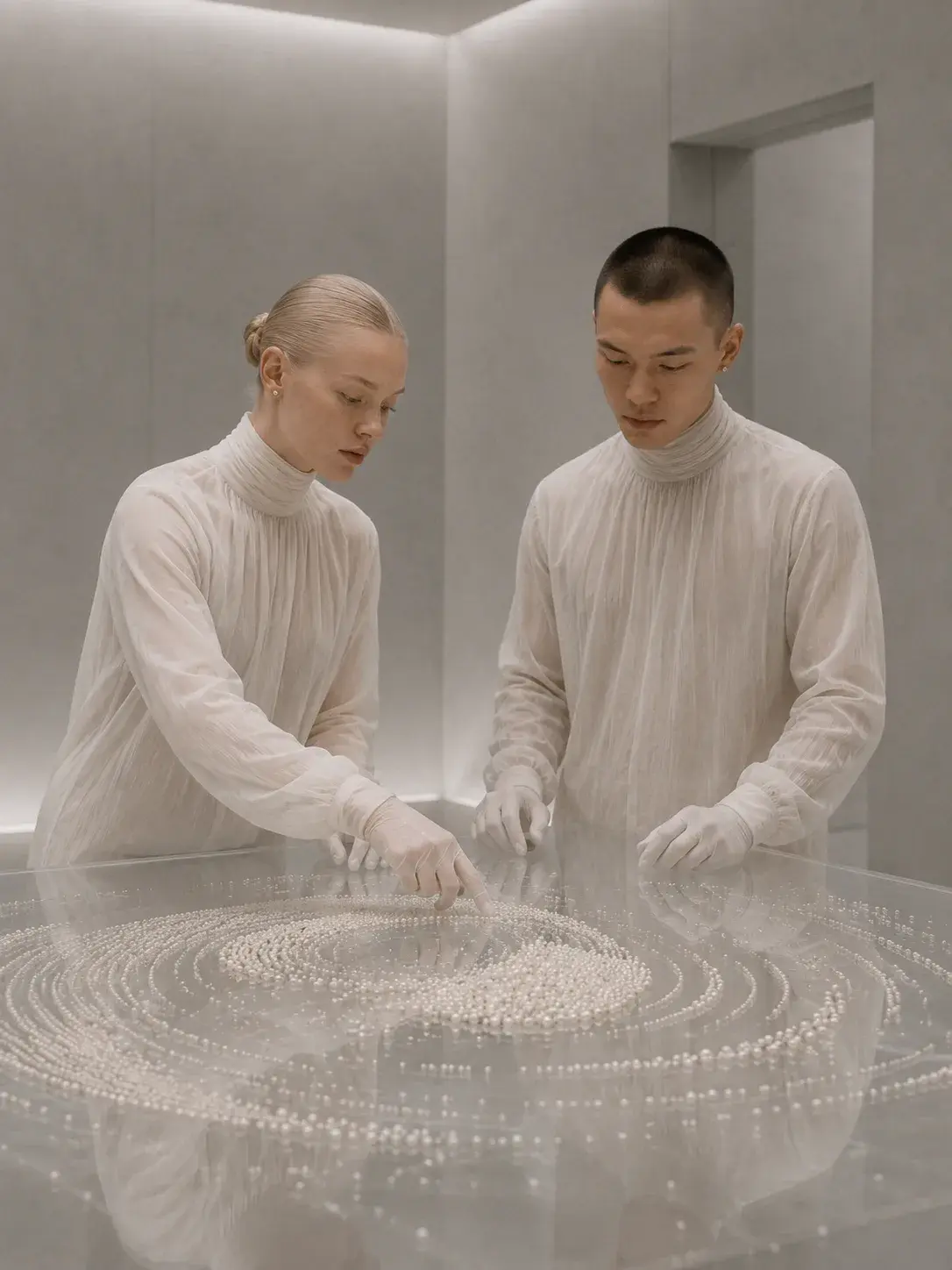 Duo de chercheurs en blanc disposant des perles en spirale sur une table lumineuse nacrée