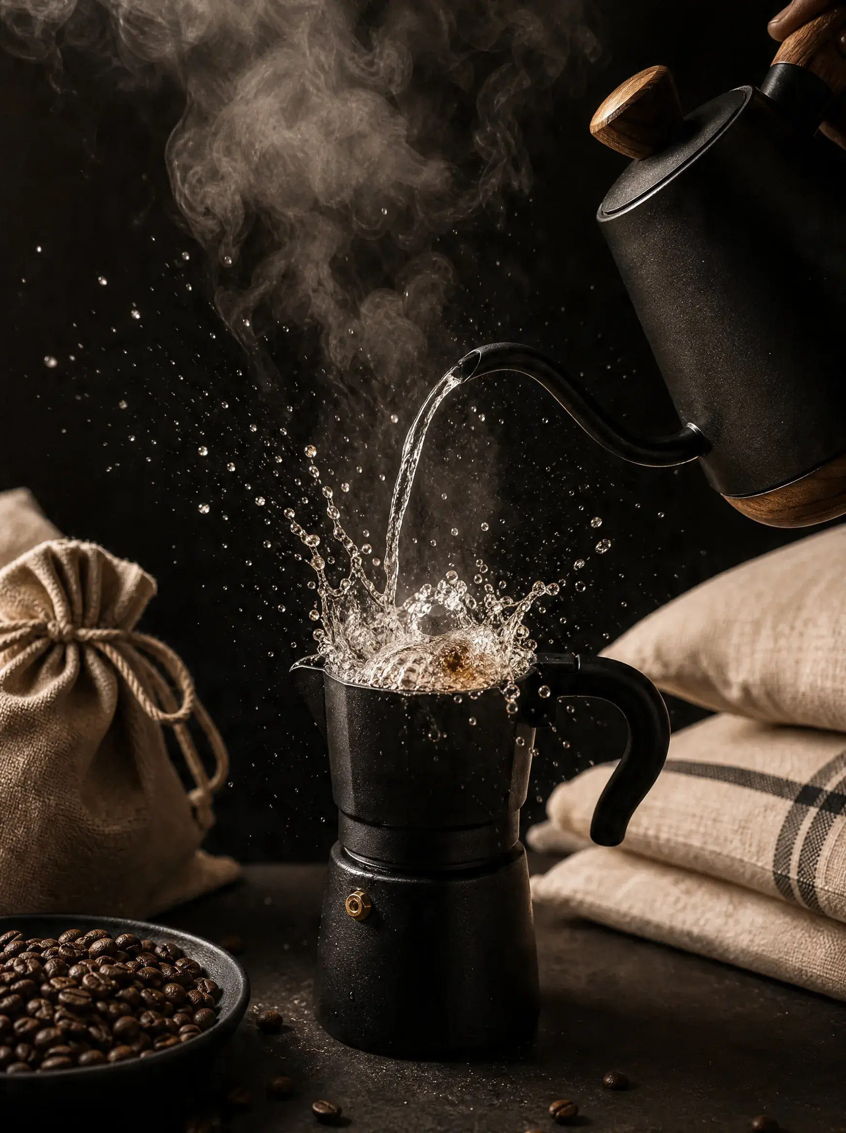 Eau chaude versée depuis bouilloire sur cafetière moka – éclaboussures, vapeur, fond sombre dramatique