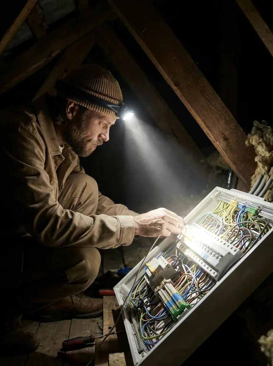Électricien à la lampe frontale câblant un tableau électrique dans des combles sombres