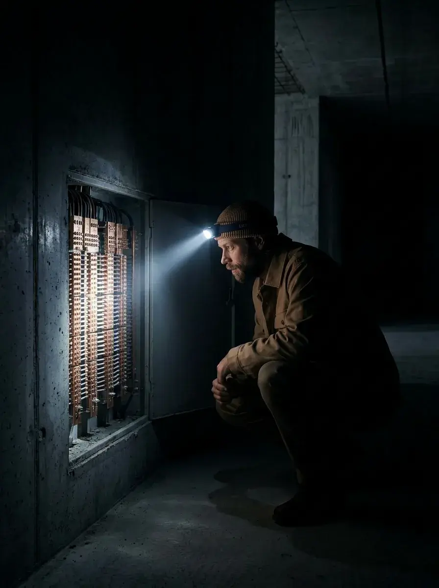 Électricien à la lampe frontale examinant une armoire de connexions en cuivre dans un sous-sol en béton