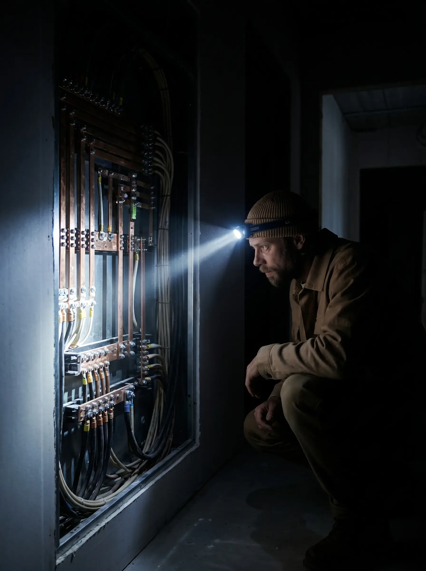Électricien à la lampe frontale inspectant un tableau électrique dans un local technique sombre