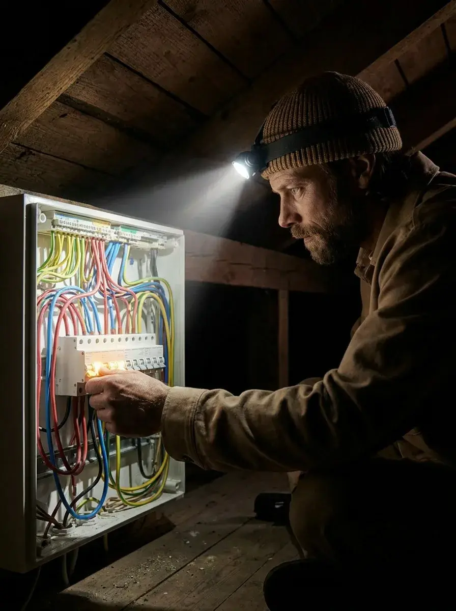 Électricien à la lampe frontale intervenant sur un tableau électrique dans des combles sombres