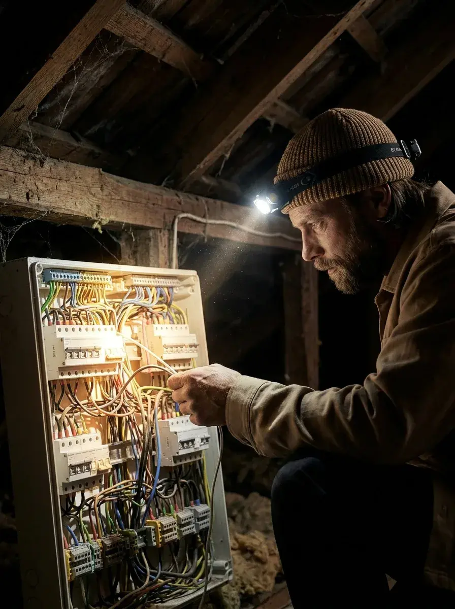 Électricien à la lampe frontale travaillant sur un tableau électrique câblé dans des combles