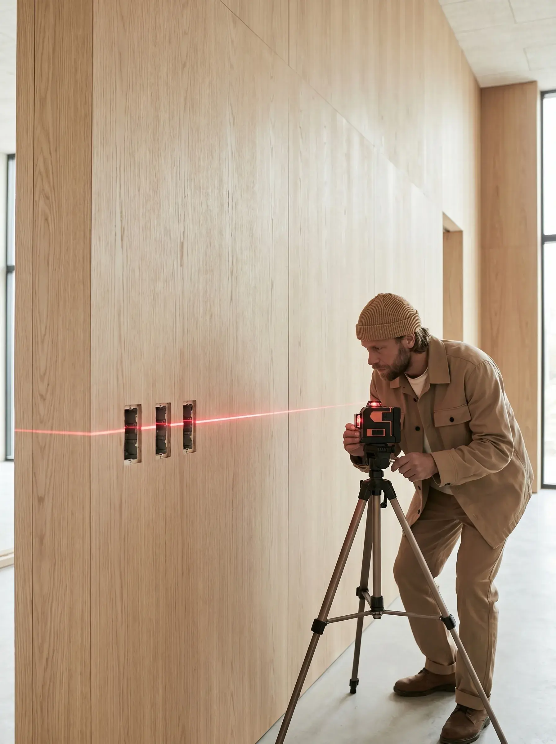Électricien alignant un niveau laser rouge sur un mur lambrissé en chêne