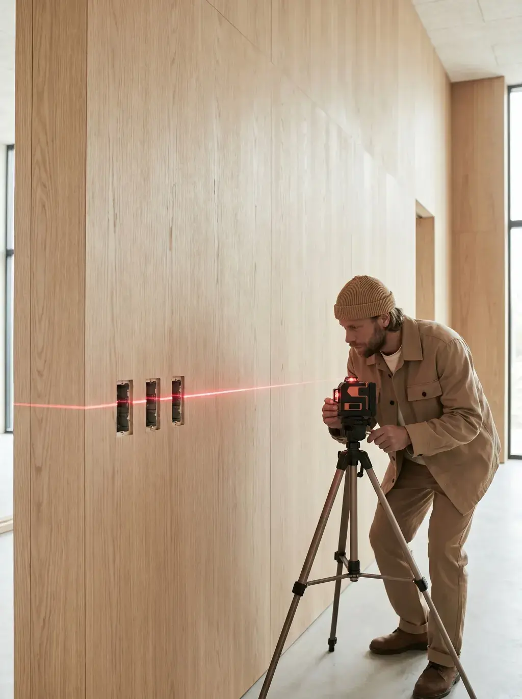 Électricien alignant un niveau laser rouge sur un mur lambrissé en chêne
