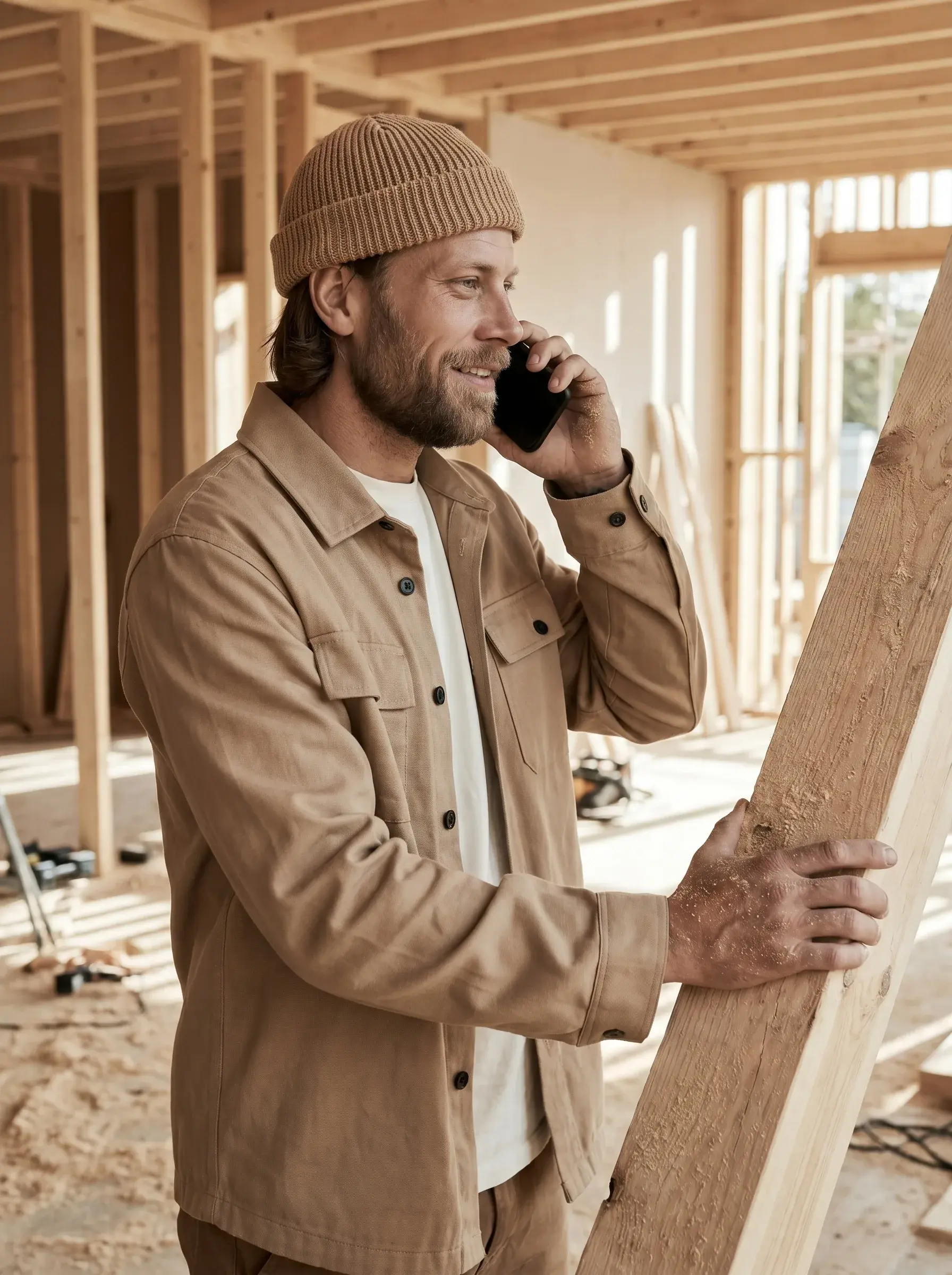 Électricien au téléphone tenant une planche de bois sur un chantier en ossature bois lumineux
