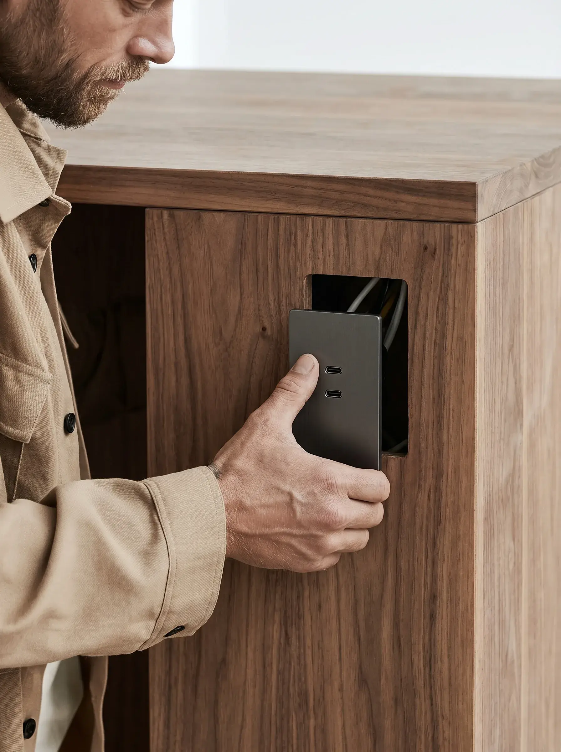 Électricien branchant un module USB-C noir dans une niche d'un meuble en noyer