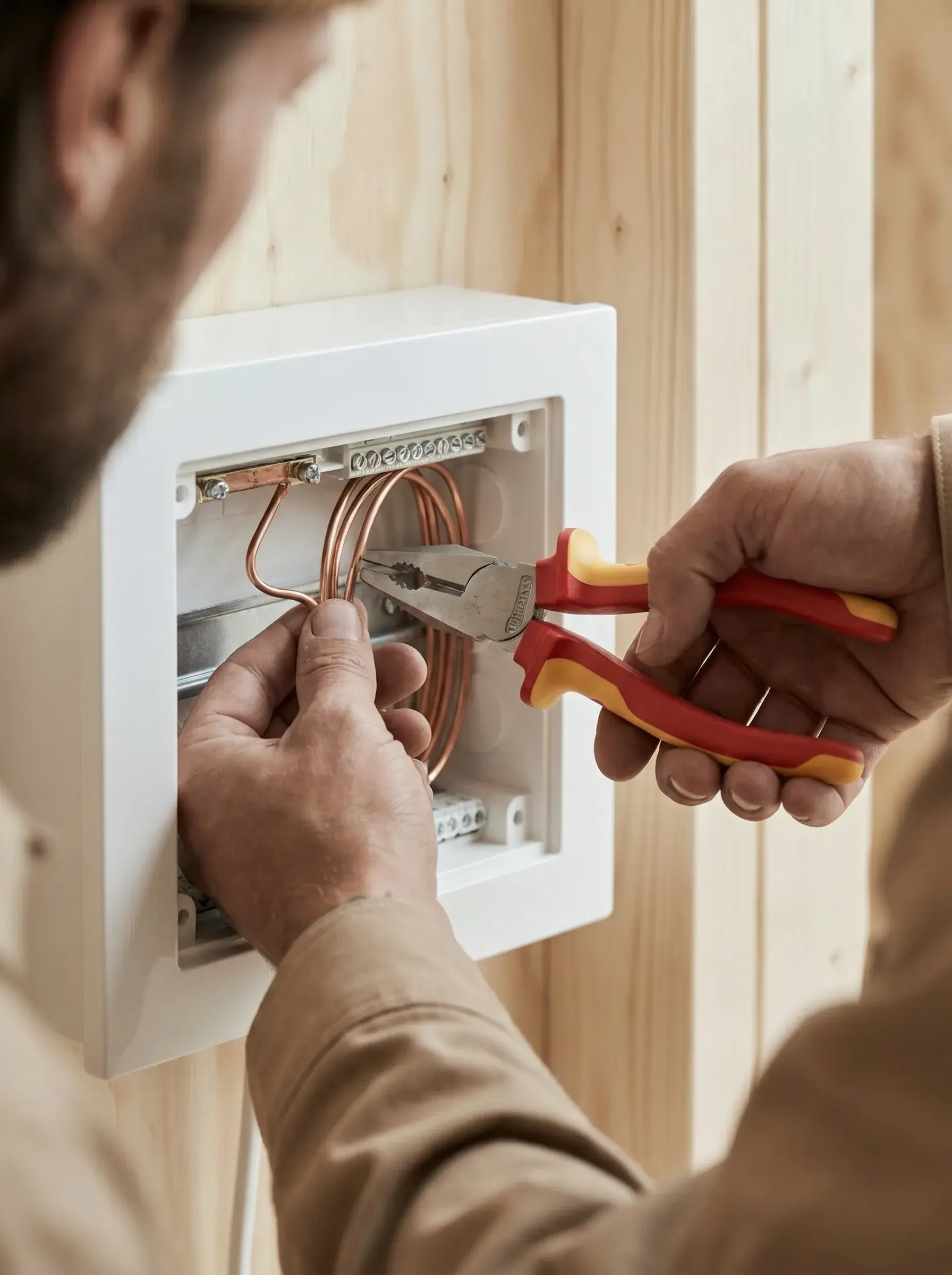 Électricien câblant un boîtier électrique encastré avec une pince isolée rouge et des fils de cuivre