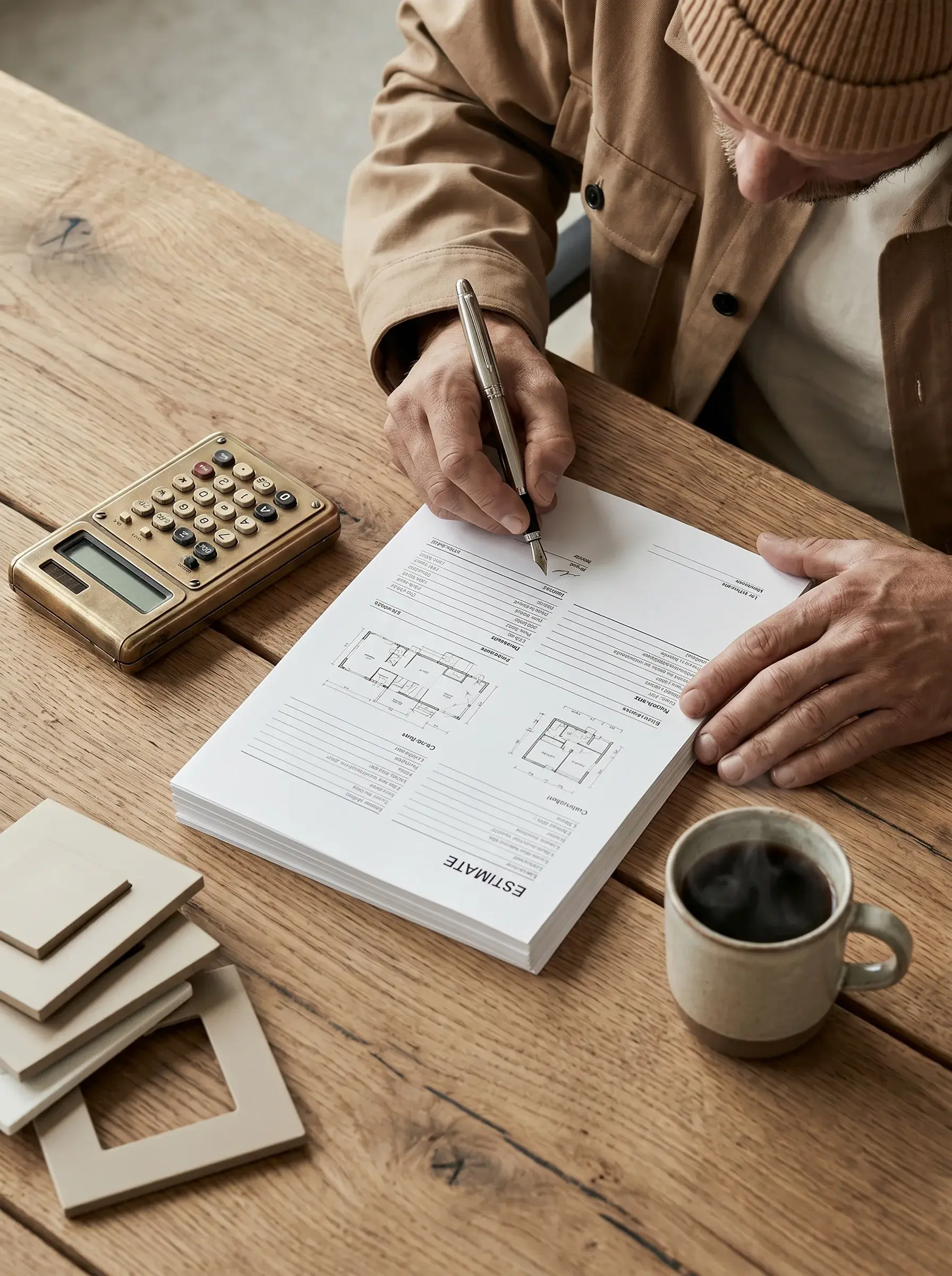 Électricien complétant un devis avec plans, calculatrice et café sur une table en chêne