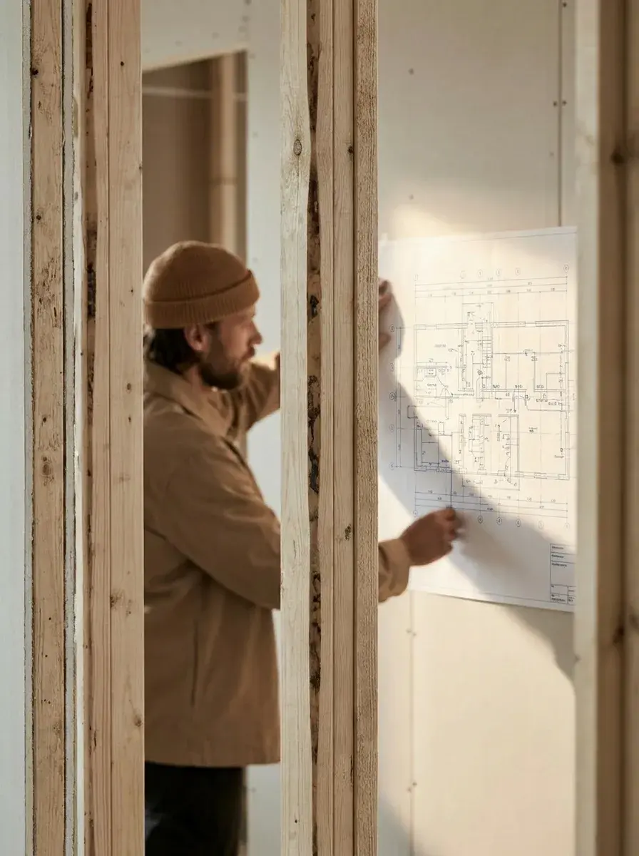 Électricien consultant un schéma technique sur un mur, vu à travers une ossature bois