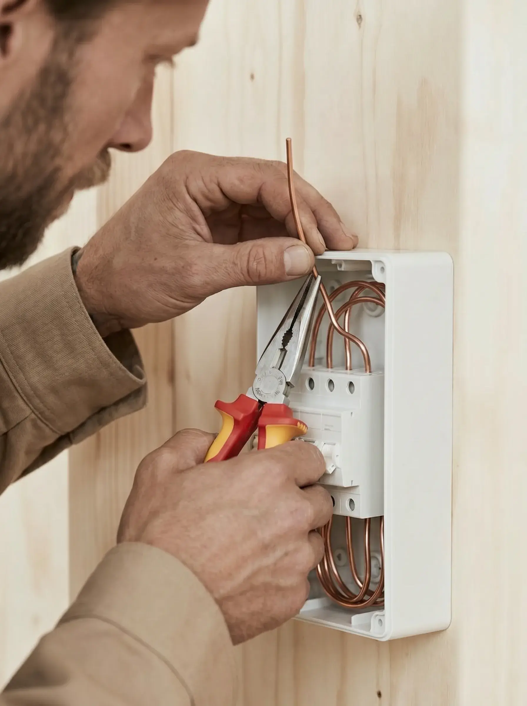 Électricien dénudant un fil de cuivre au-dessus d'un boîtier électrique sur un mur en bois