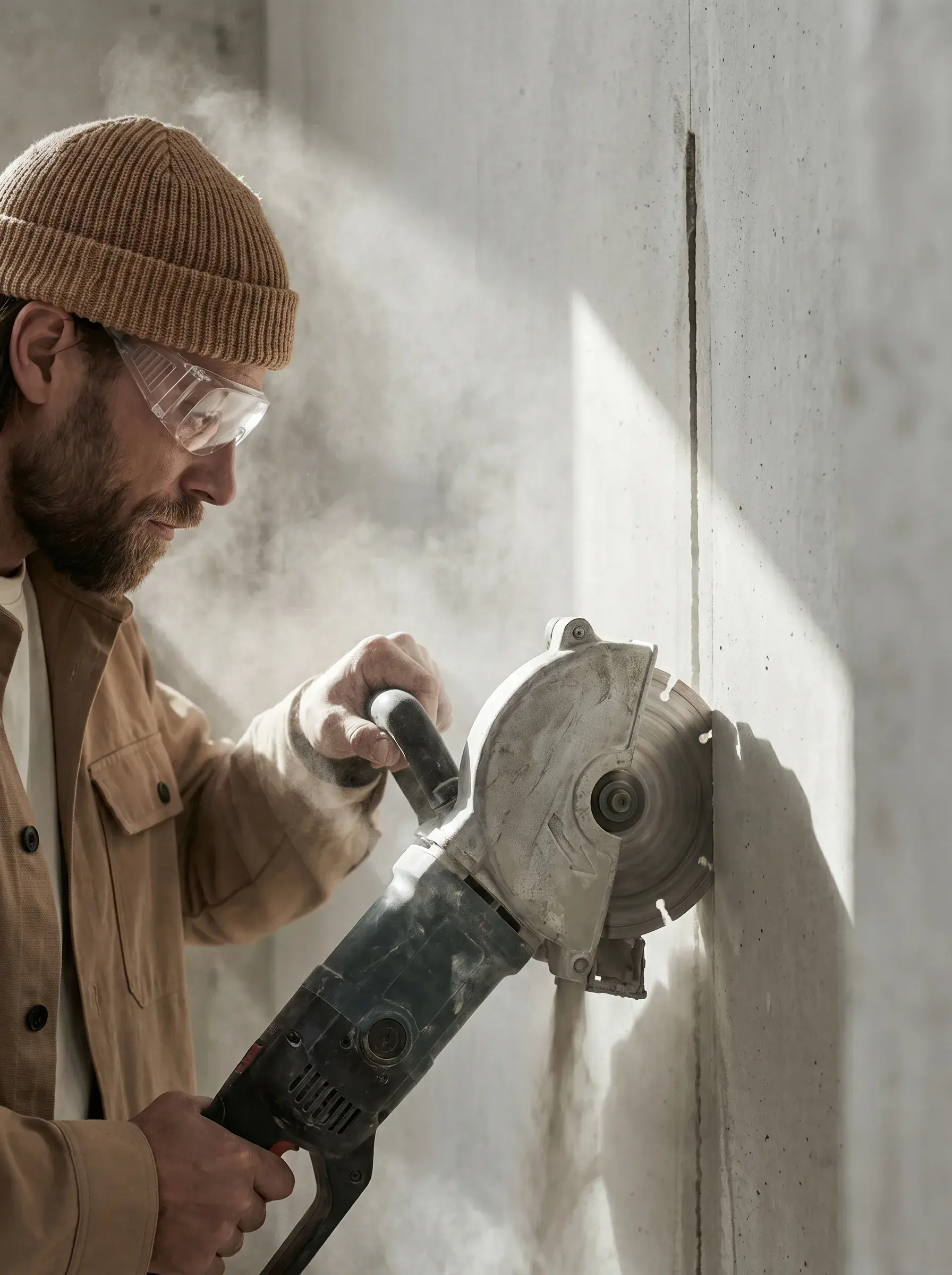 Électricien en lunettes de protection saignant un mur en béton à la meuleuse