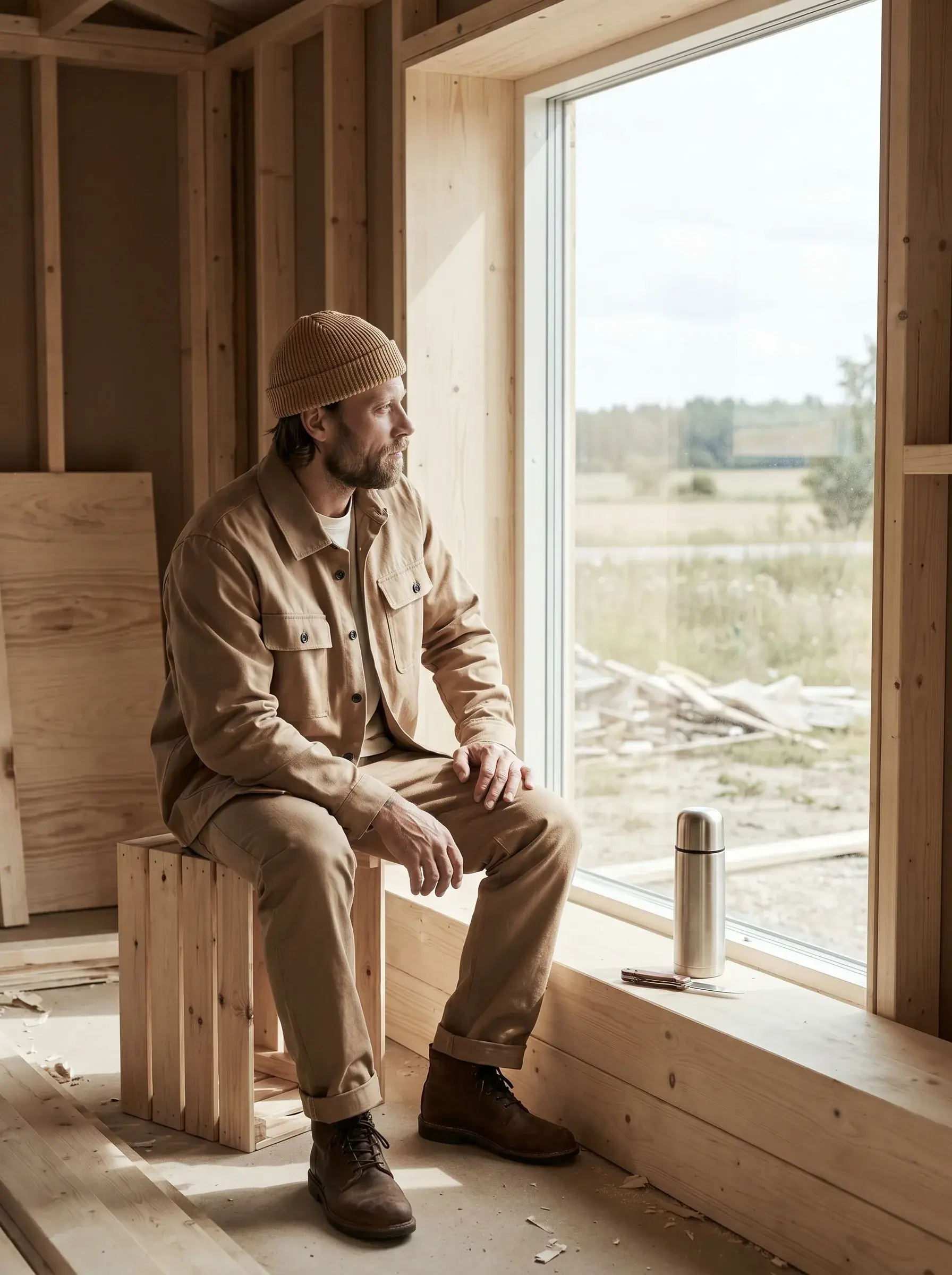 Électricien en pause assis devant une fenêtre d'un chantier en ossature bois face à la campagne