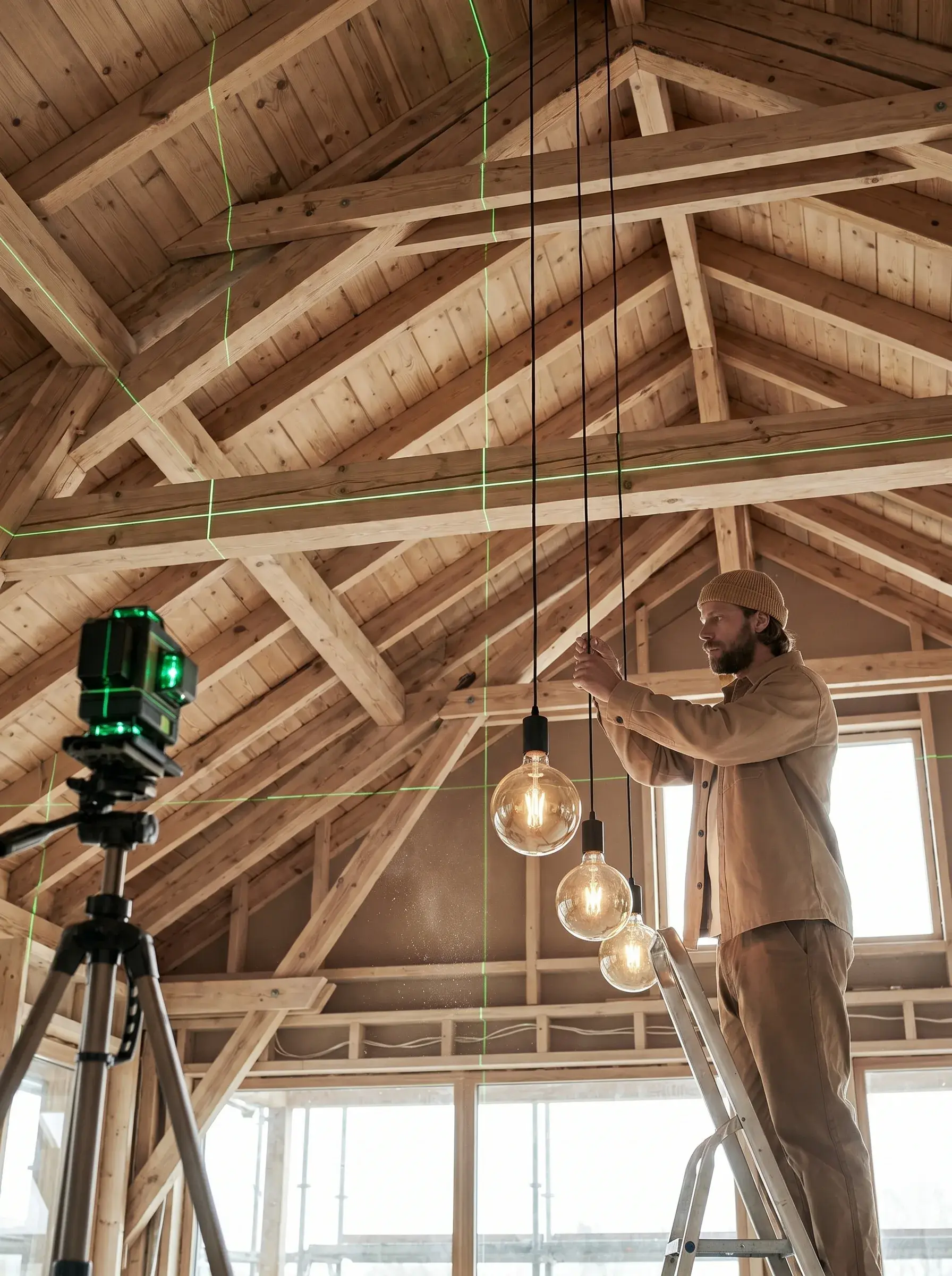 Électricien installant des suspensions guidé par un niveau laser vert sous une charpente en bois