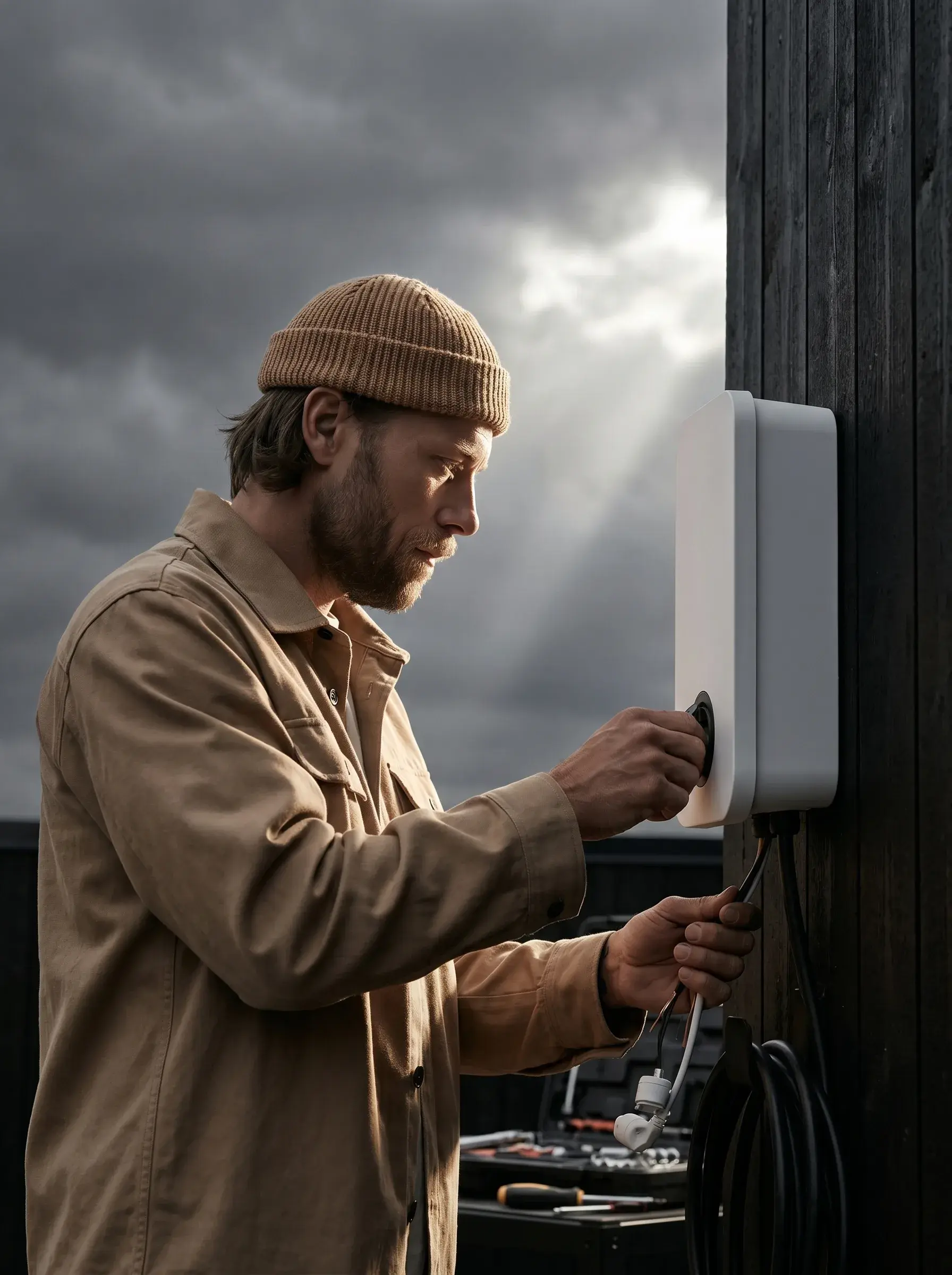 Électricien installant un boîtier technique blanc sur une façade en bois noir sous un ciel orageux
