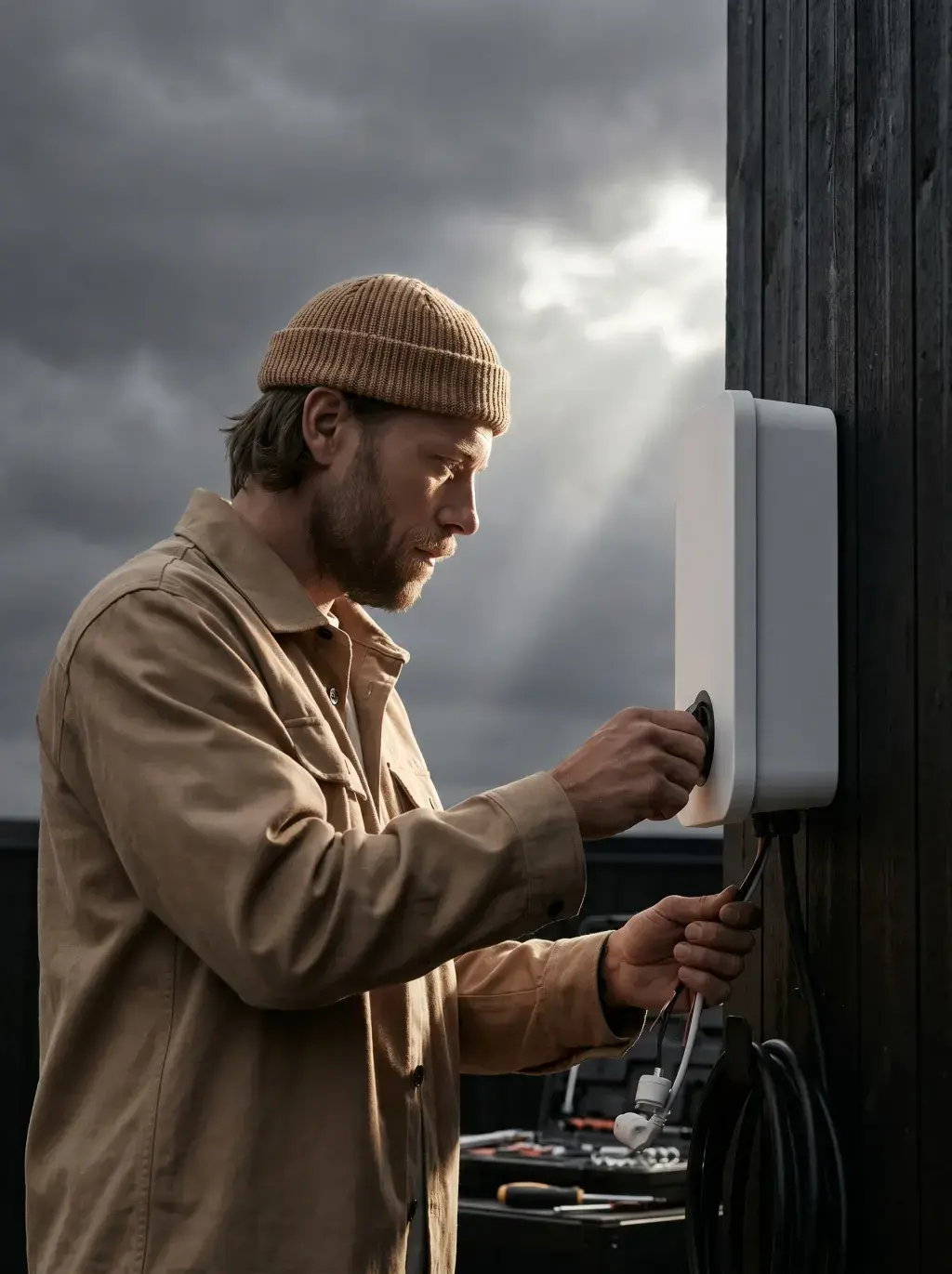 Électricien installant un boîtier technique blanc sur une façade en bois noir sous un ciel orageux