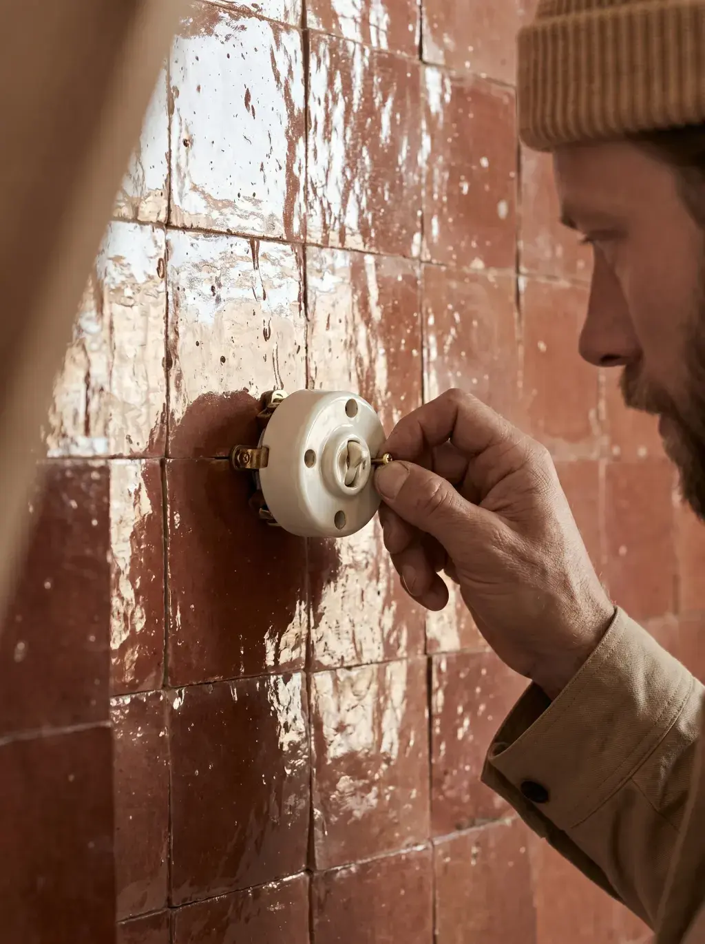Électricien installant un interrupteur rotatif en porcelaine sur un mur en zellige terracotta