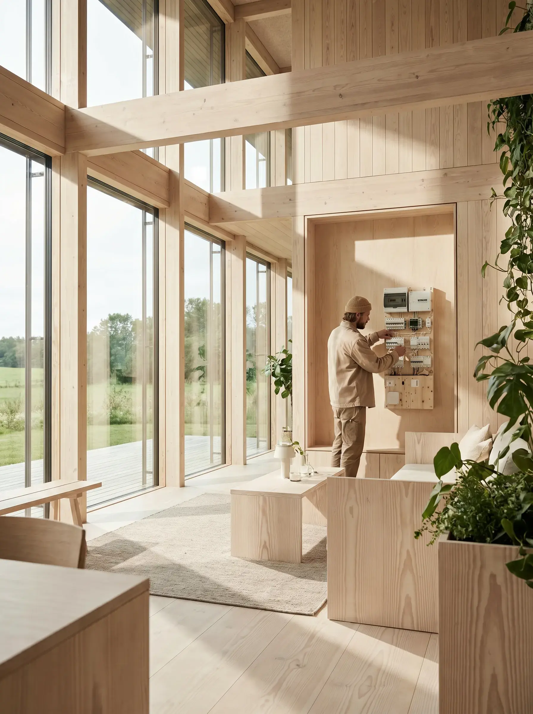 Électricien installant un tableau électrique dans un grand séjour en bois lumineux ouvert sur la nature